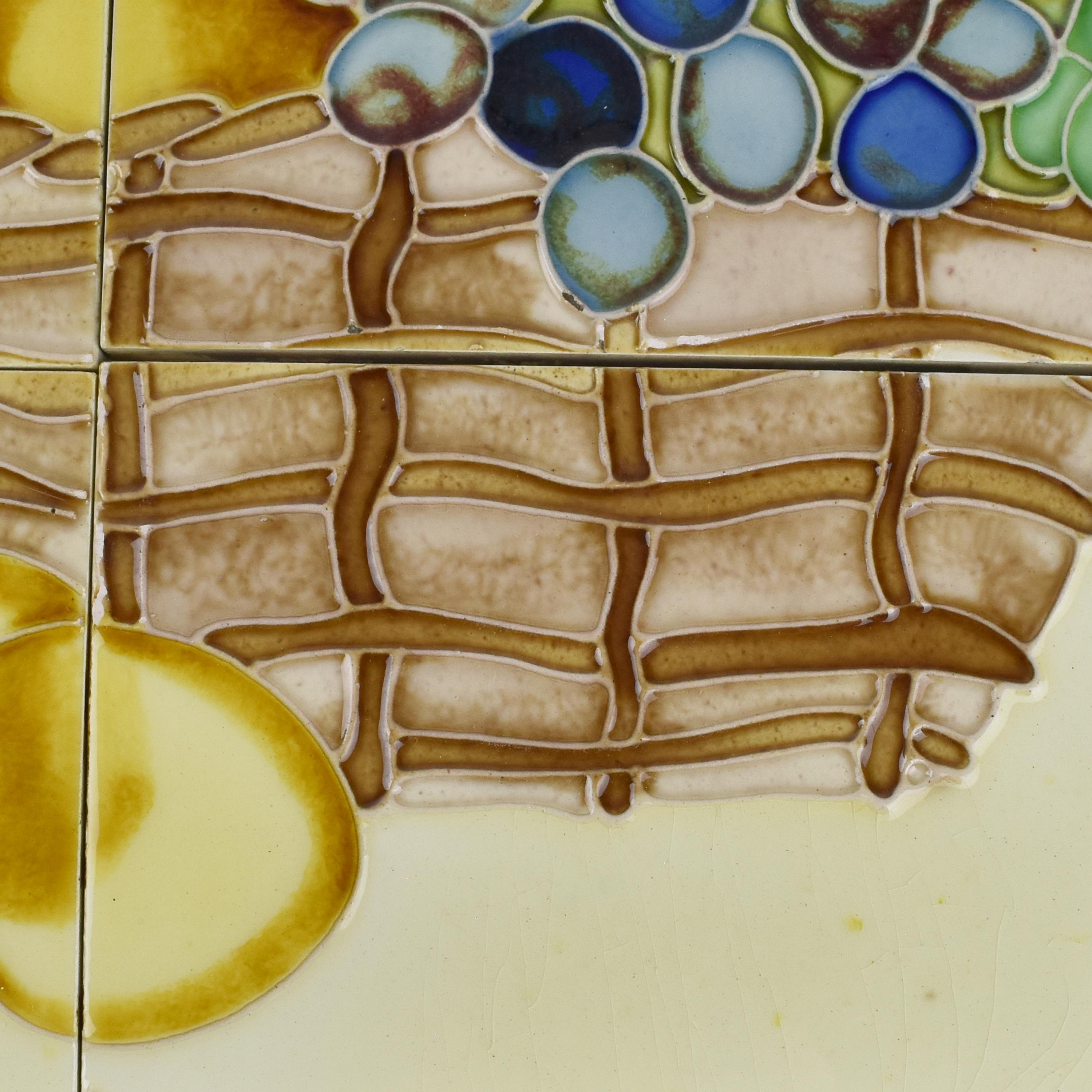 Vintage Set of 12 Art Nouveau Style Tube Lined Tiles Fruit Basket NOS For Sale 1