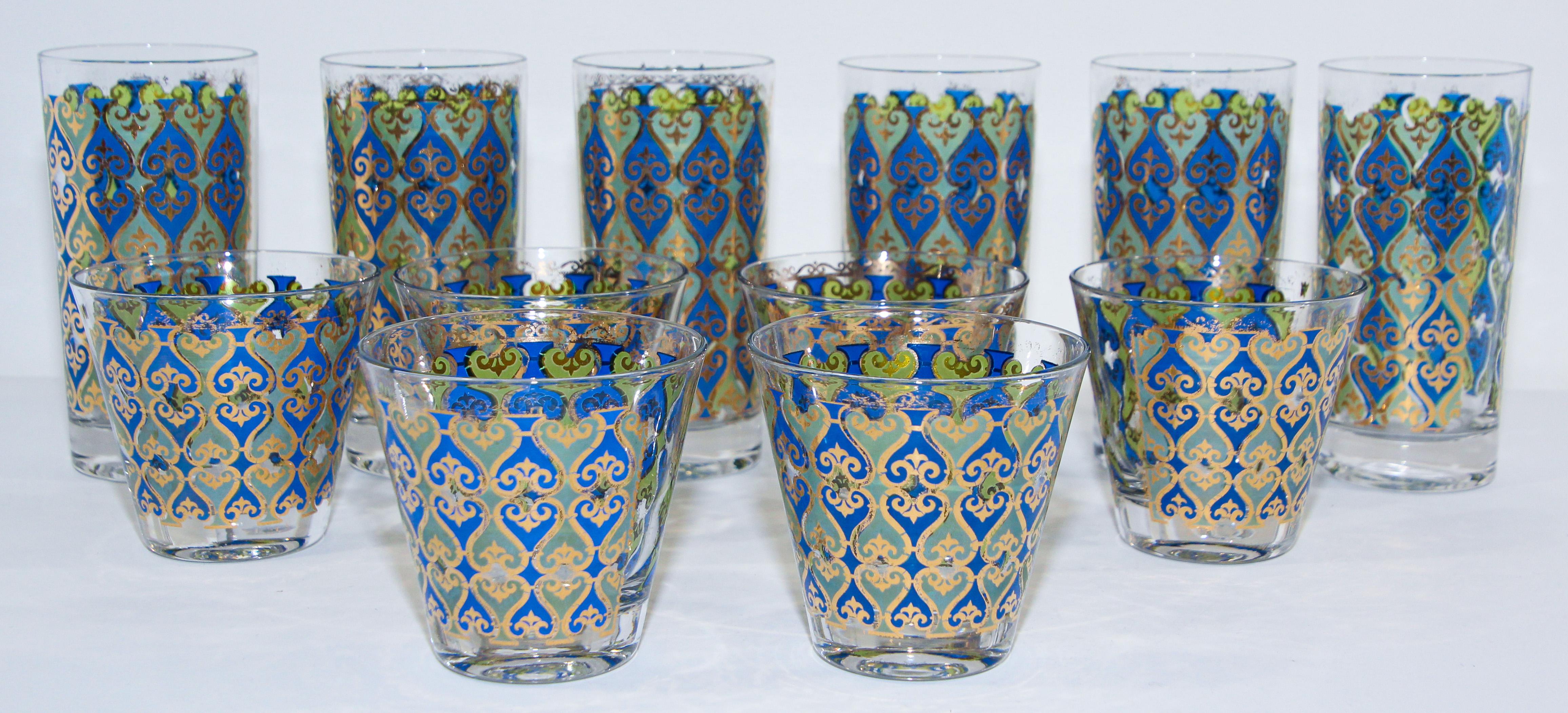 Mid-Century Modern Vintage Set of 12 Barware Glasses Blue and Gold by Georges Briard