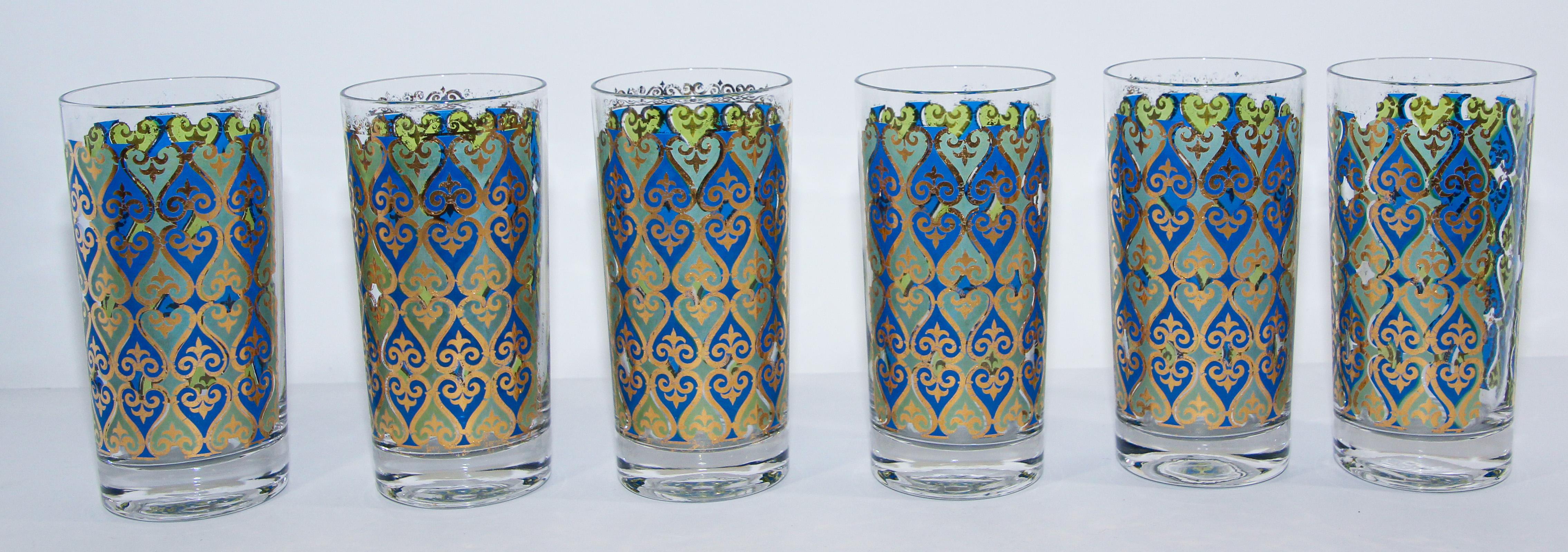 American Vintage Set of 12 Barware Glasses Blue and Gold by Georges Briard