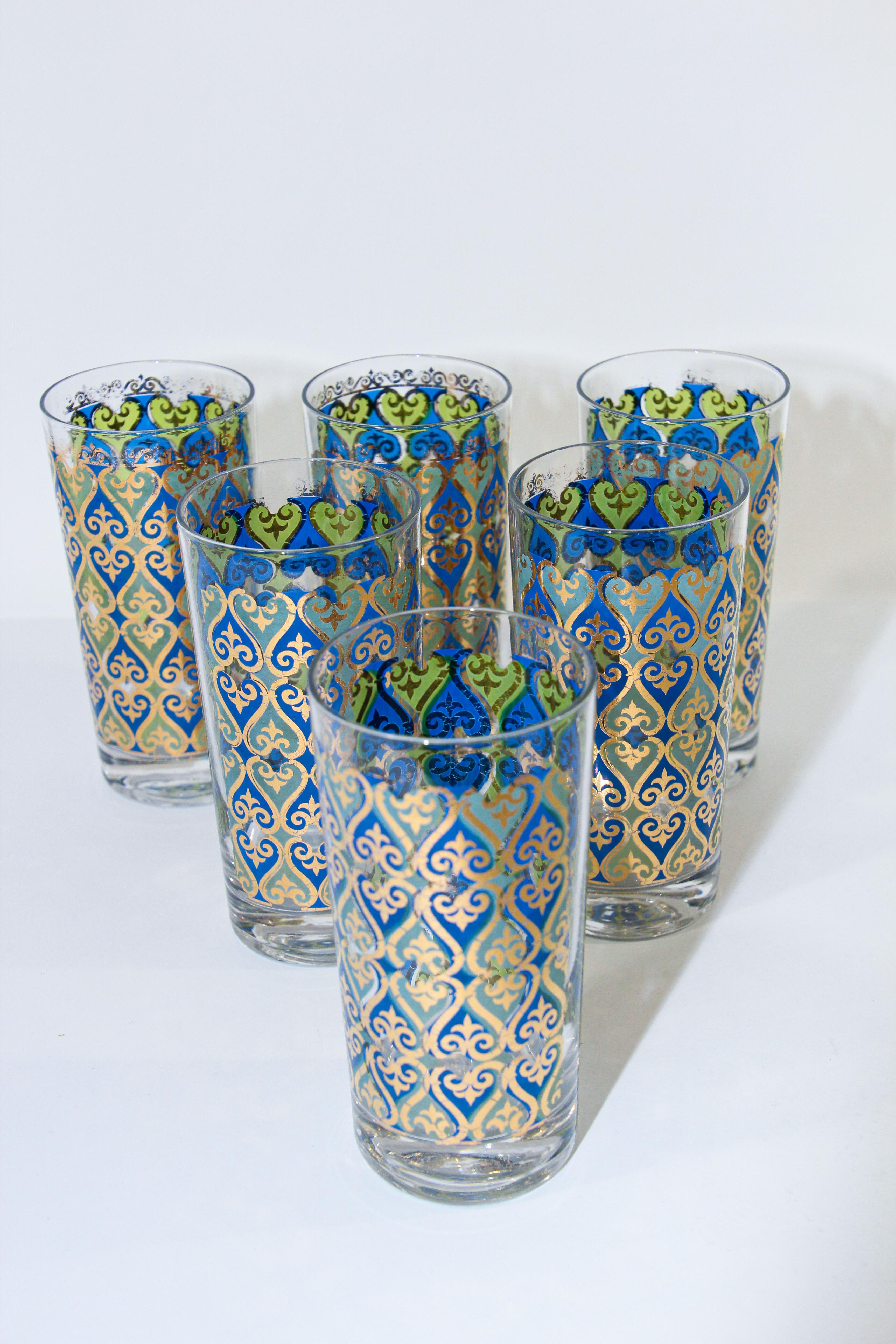 Hand-Painted Vintage Set of 12 Barware Glasses Blue and Gold by Georges Briard