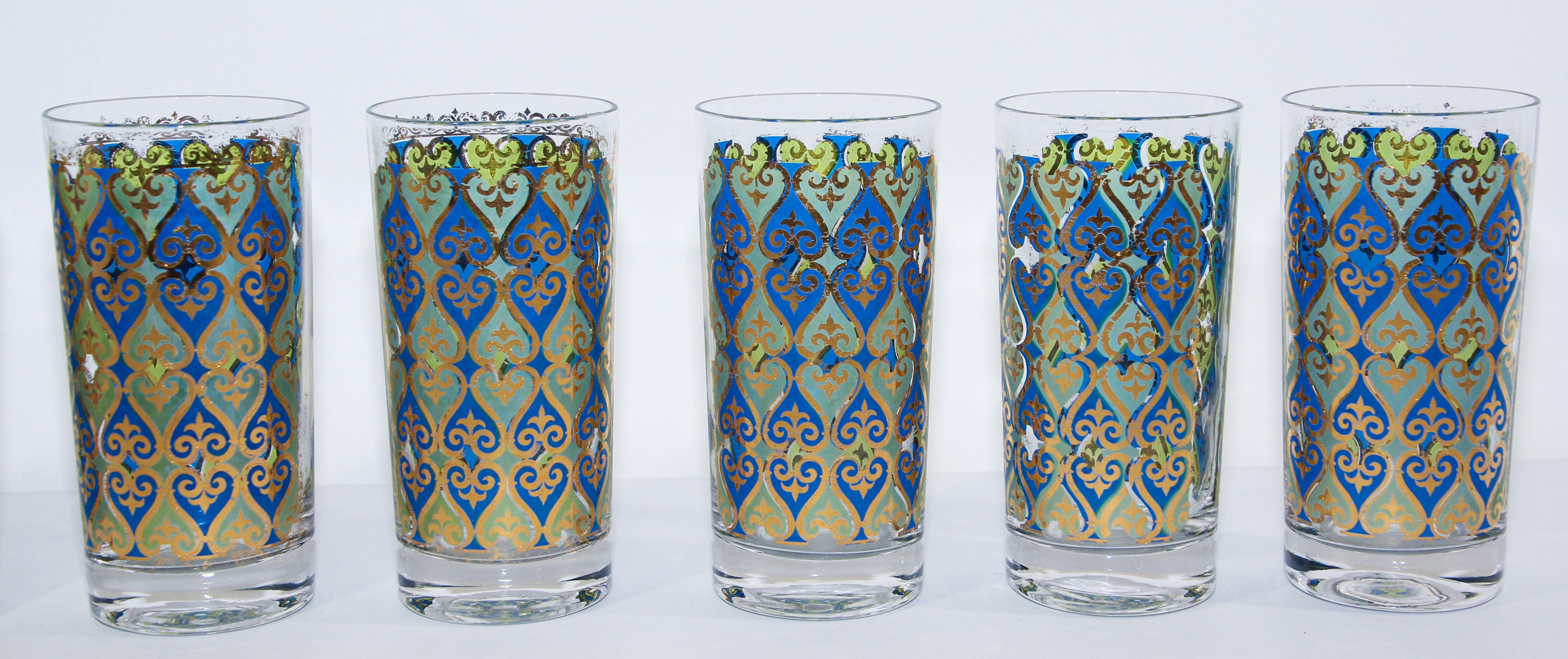 Vintage Set of 12 Barware Glasses Blue and Gold by Georges Briard In Good Condition In North Hollywood, CA
