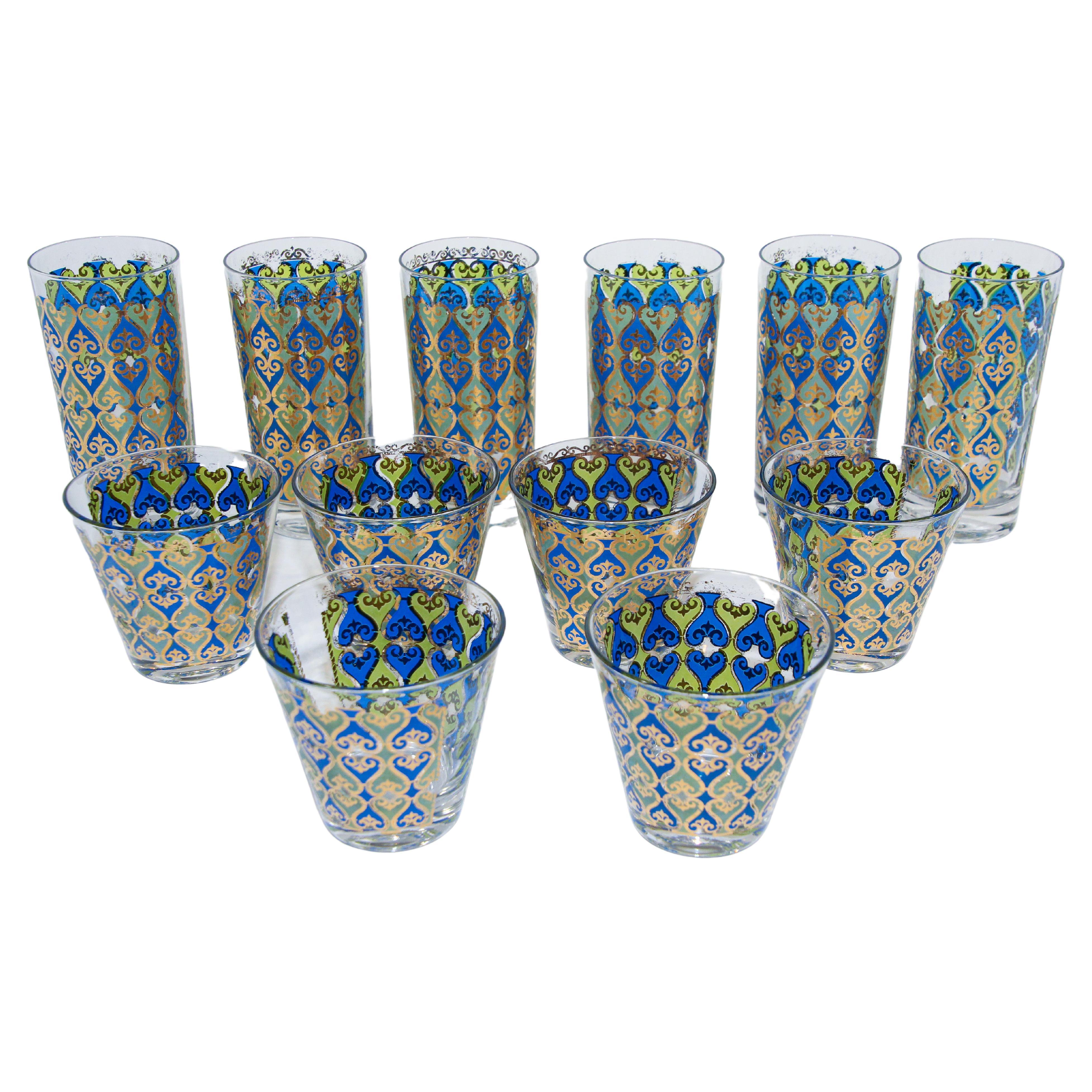 Vintage Set of 12 Barware Glasses Blue and Gold by Georges Briard