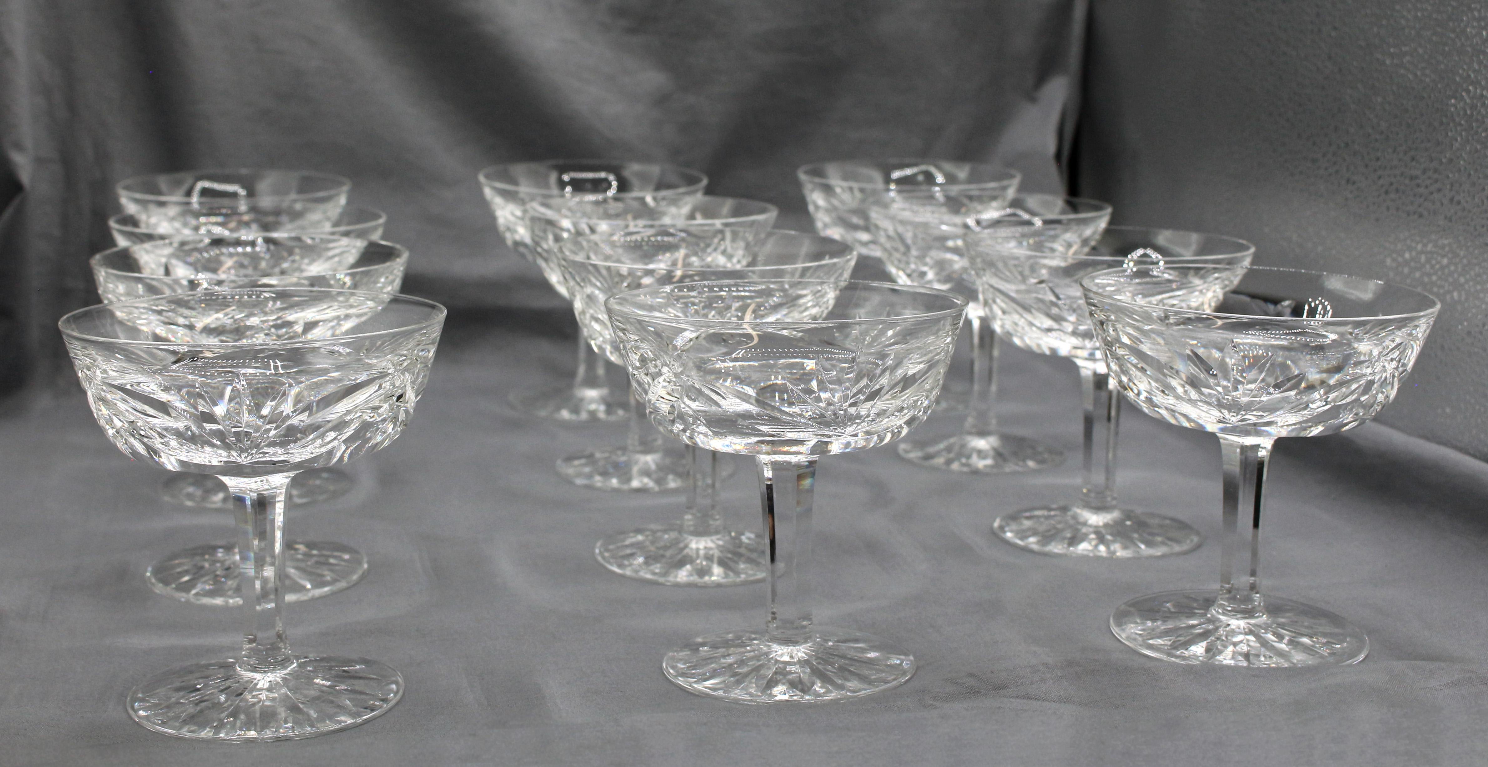 Vintage set of 12 champagnes coupes or tall sherberts, Ashling by Waterford. Pattern produced 1968-2017. Hand blown & cut. Measures : 4 1/8