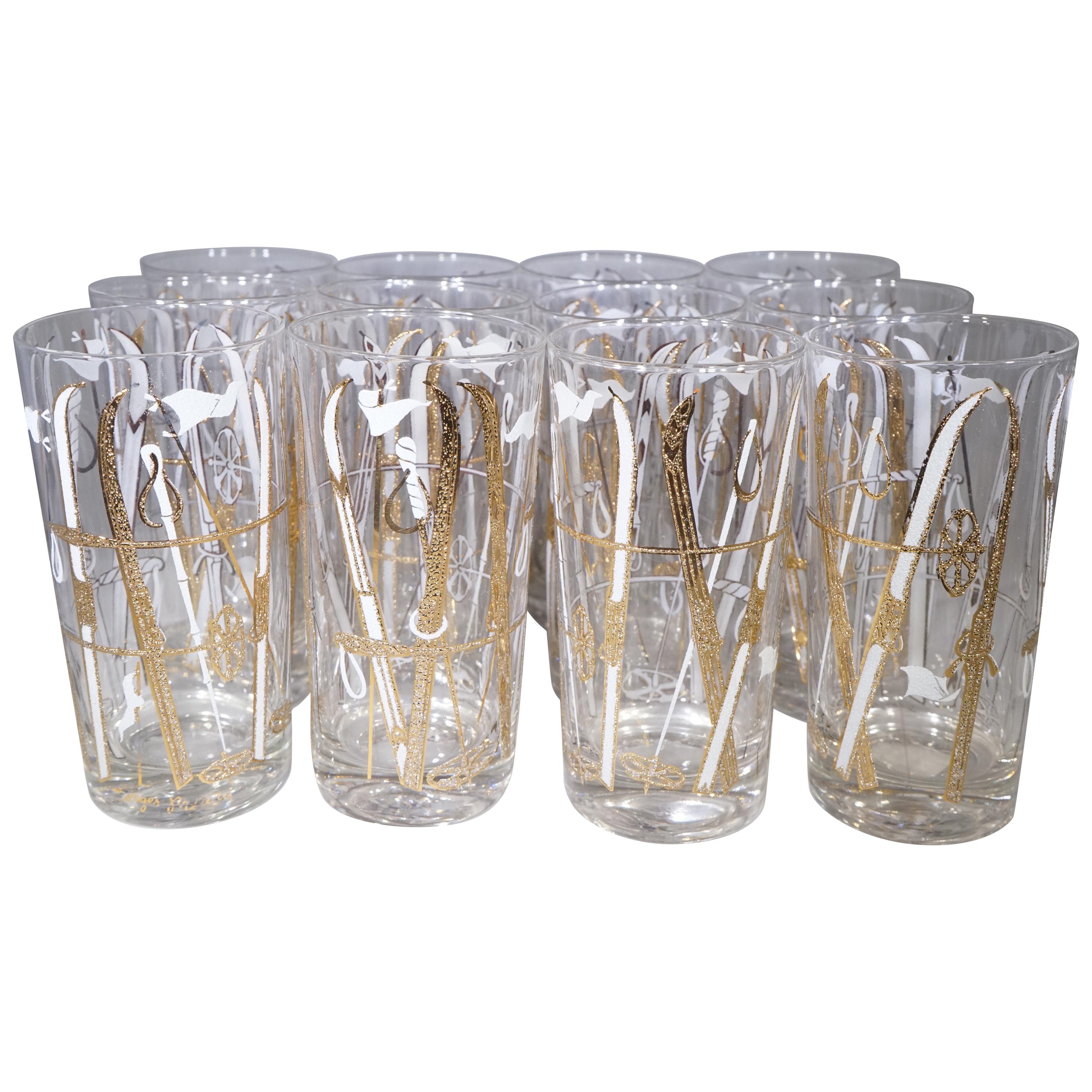 Vintage Set of 12 Culver Ski Theme Glasses with Gold Detail