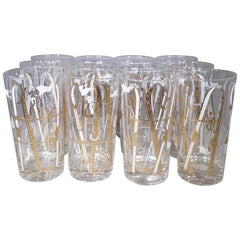 Retro Set of 12 Culver Ski Theme Glasses with Gold Detail