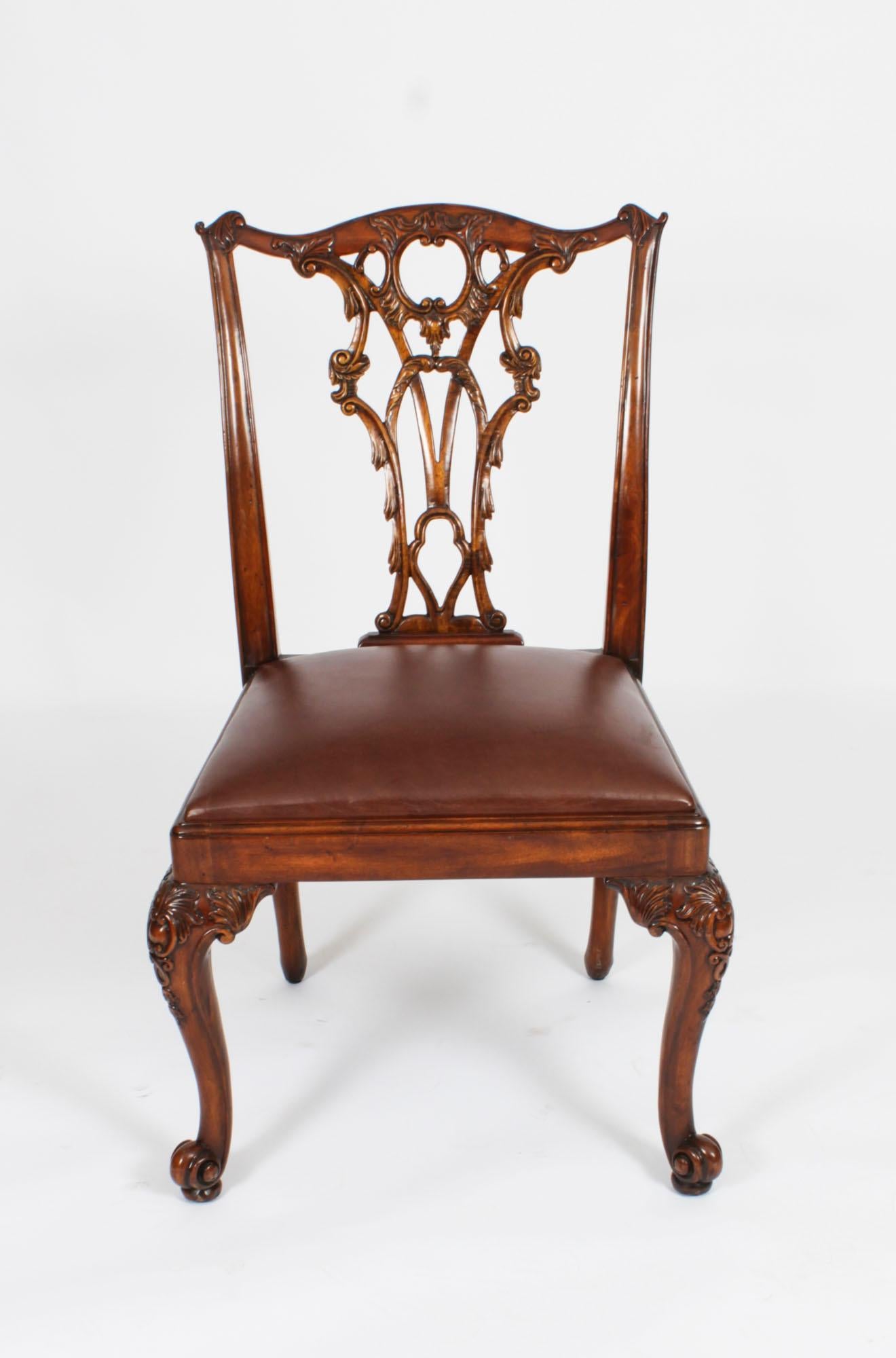 English Vintage Set of 12 Mahogany Chippendale Dining Chairs Mid 20th Century