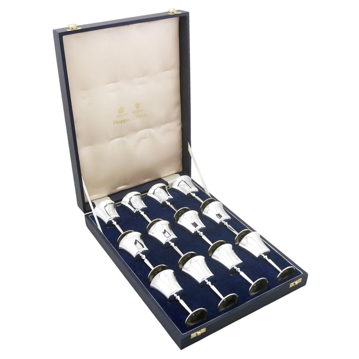 Vintage Set of 12 Sterling Silver Goblets by Bishton's Ltd, 1968, UK