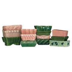 Vintage Set of 13 Collectible Pink and Green Glazed Ceramic Cache Pot Planters