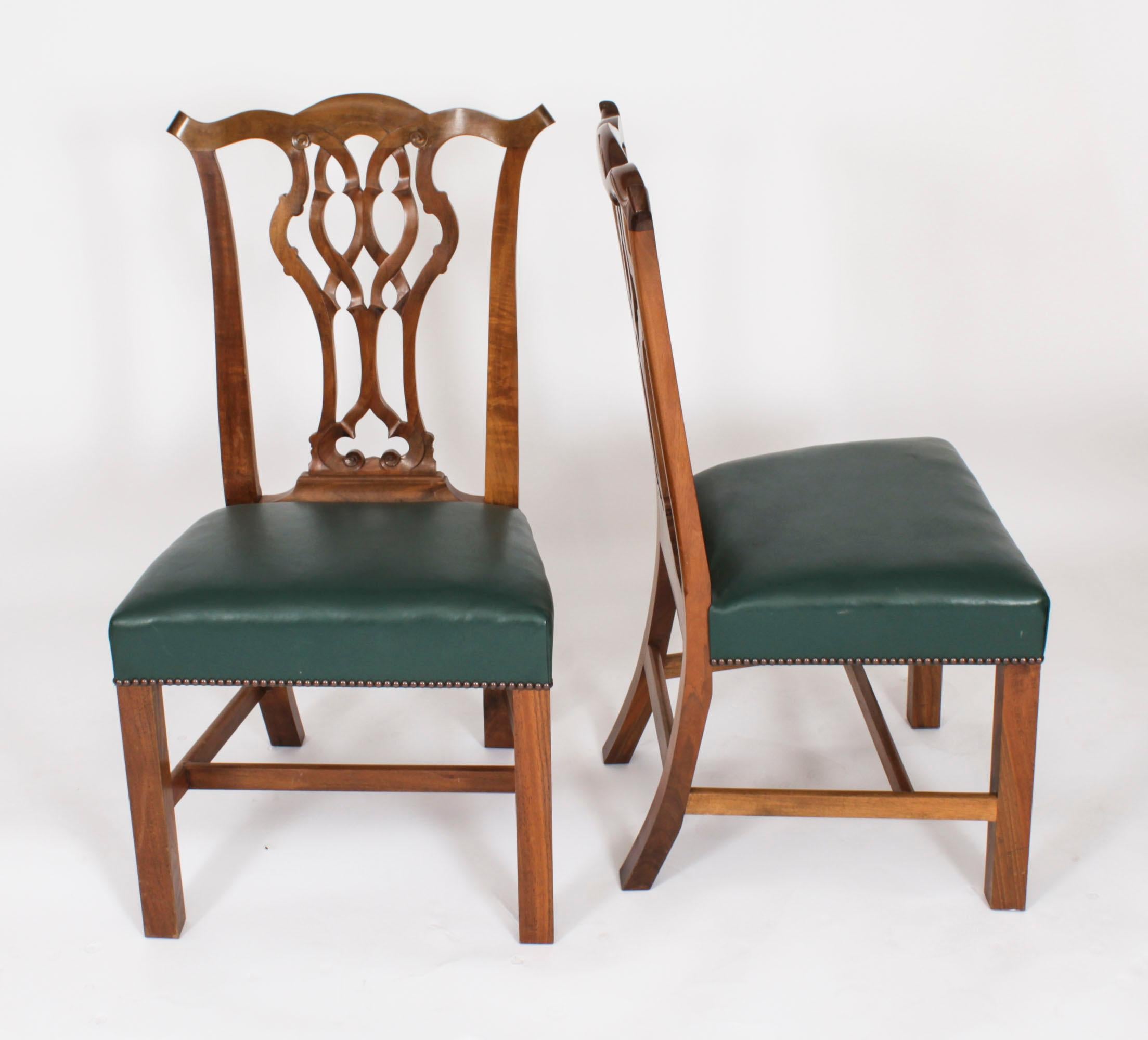 Magnifique ensemble Vintage de quatorze chaises de salle à manger Chippendale Revival en acajou massif, datant du milieu du 20ème siècle.

Elles ont été fabriquées en acajou massif flammé sculpté à la main et présentent chacune une traverse