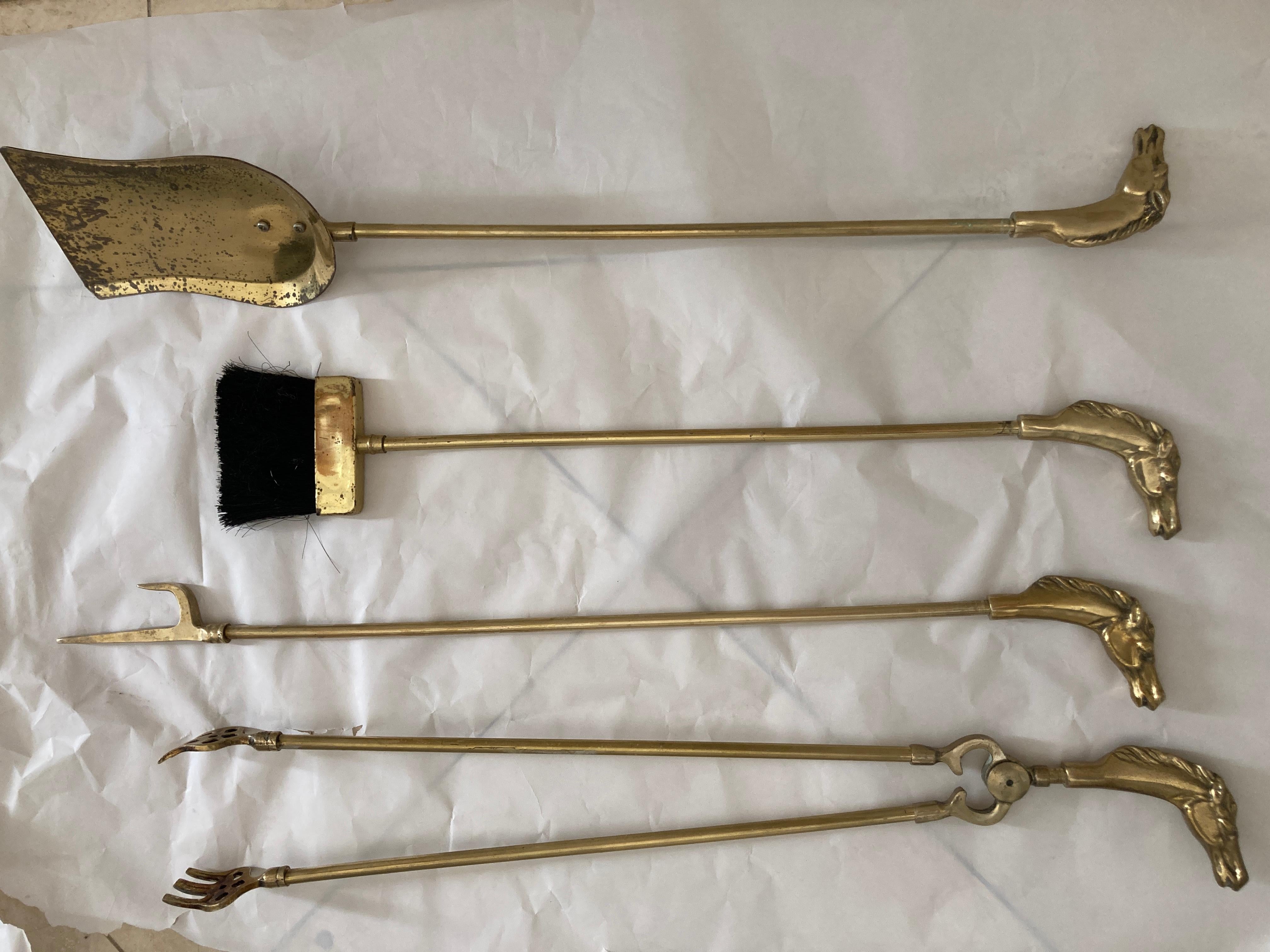Brass Fireplace Tools Vintage Set of 1950s with Horse Head Motif 2