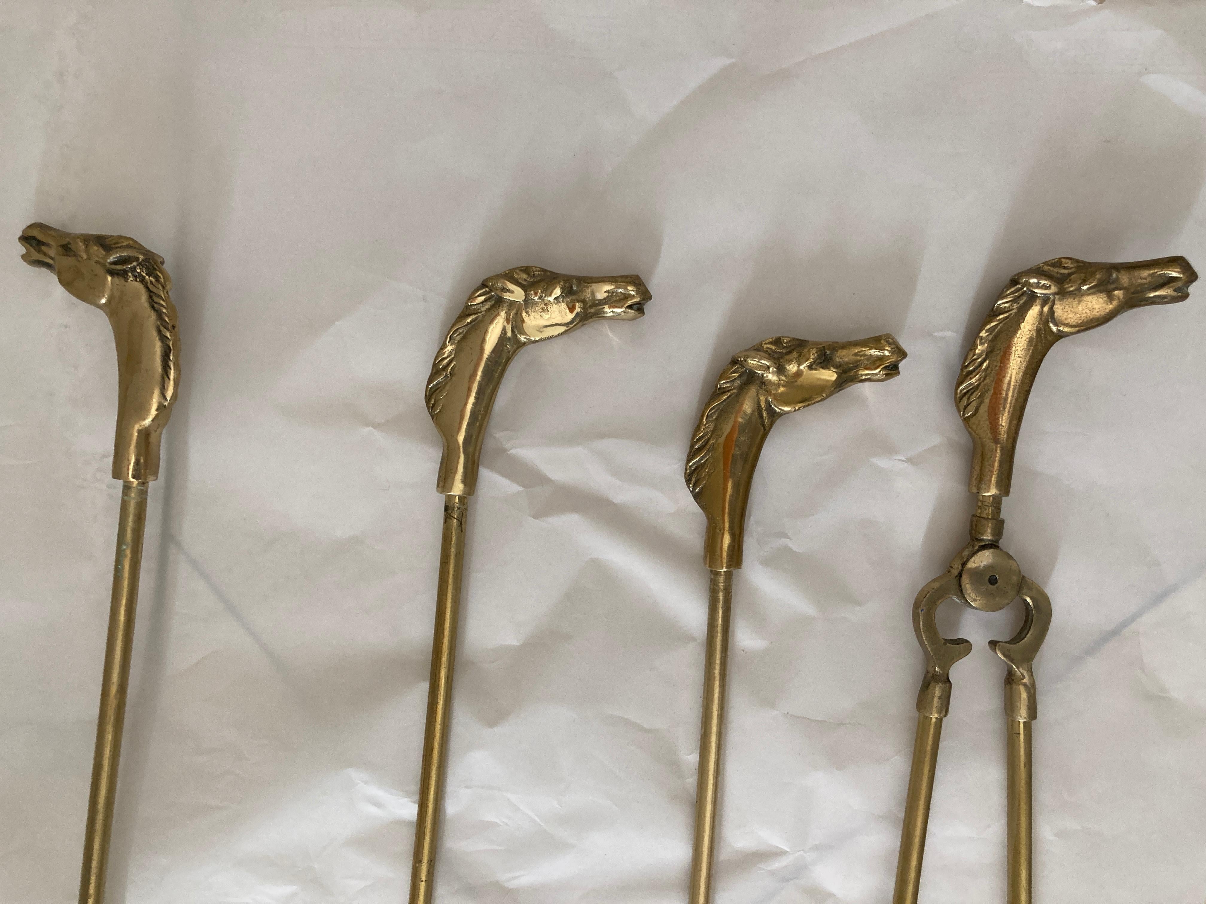 Brass Fireplace Tools Vintage Set of 1950s with Horse Head Motif 11