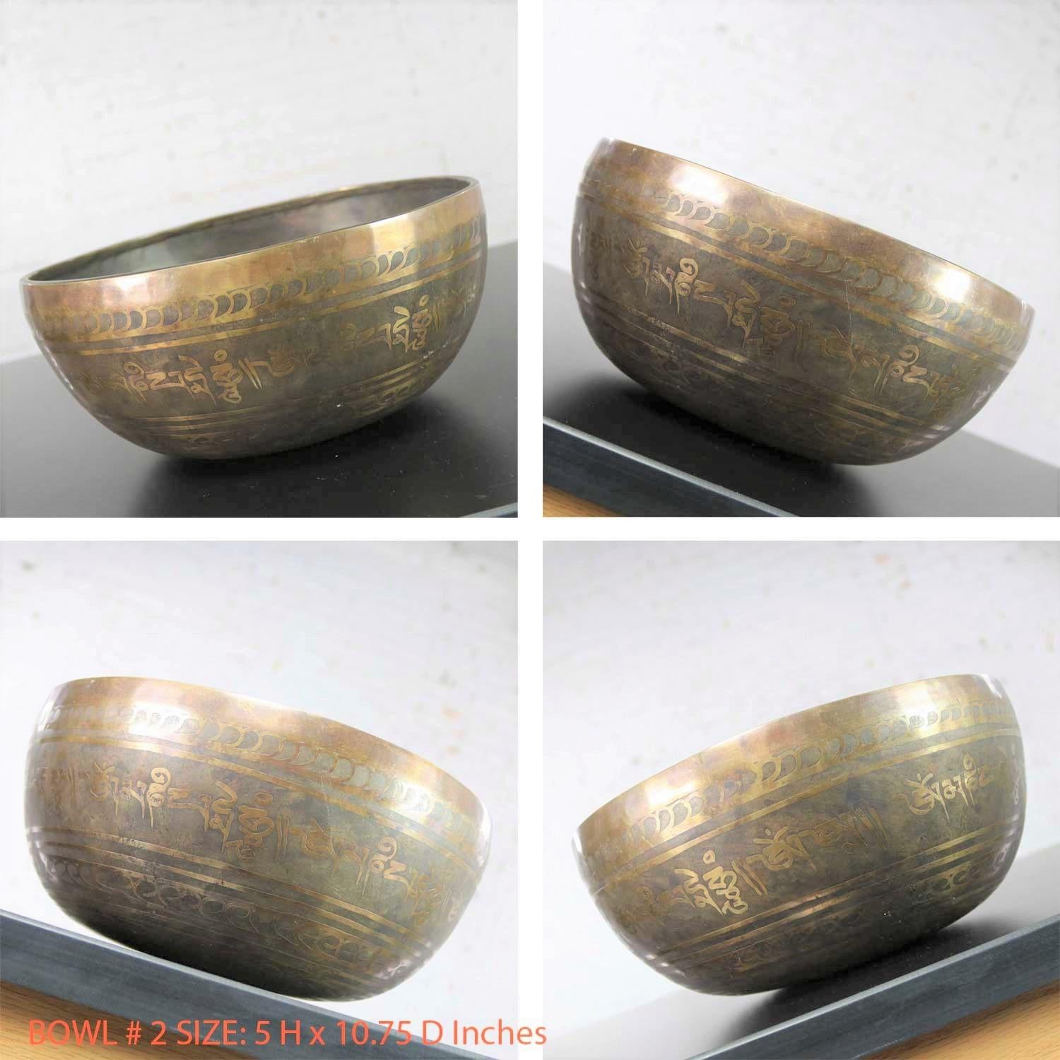 Vintage Set of 2 Bronze Nesting Incised Singing Bowls or Standing Bowls with Mal 5
