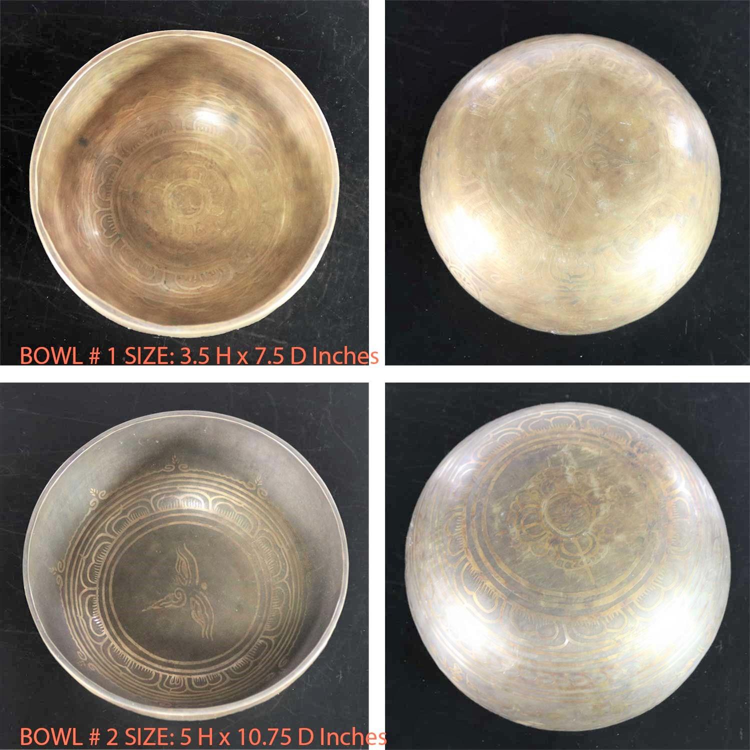 Vintage Set of 2 Bronze Nesting Incised Singing Bowls or Standing Bowls with Mal 7
