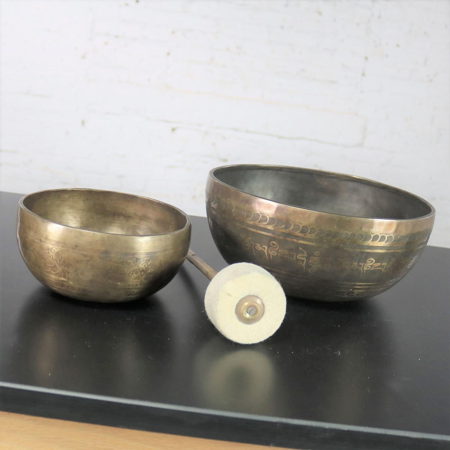 Chinese Export Vintage Set of 2 Bronze Nesting Incised Singing Bowls or Standing Bowls with Mal