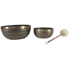 Vintage Set of 2 Bronze Nesting Incised Singing Bowls or Standing Bowls with Mal