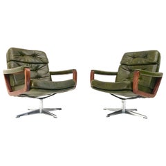 Vintage Set of 2 Danish "Senator" Swivel Chairs in Dark Olive, 1970s