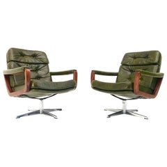 Retro Set of 2 Danish "Senator" Swivel Chairs in Dark Olive, 1970s