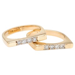 Vintage Set of 2 Stacking Rings Diamond 14 Karat Yellow Gold Bridge Square Vintage Set of 2 Stacking Rings Diamond 14 Karat Yellow Gold Bridge Square