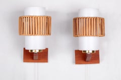 Vintage Set of 2 Wall Lamps of Opal Glass and Rattan Detail, 1960s