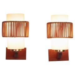 Vintage Set of 2 Wall Lamps of Opal Glass and Rattan Detail, 1960s