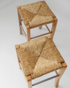 Vintage Set of 2 Wooden Stools, Handwoven Straw Seats with Curved Legs, 1980s