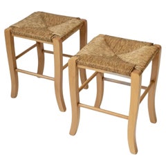 Vintage Set of 2 Wooden Stools, Handwoven Straw Seats with Curved Legs, 1980s
