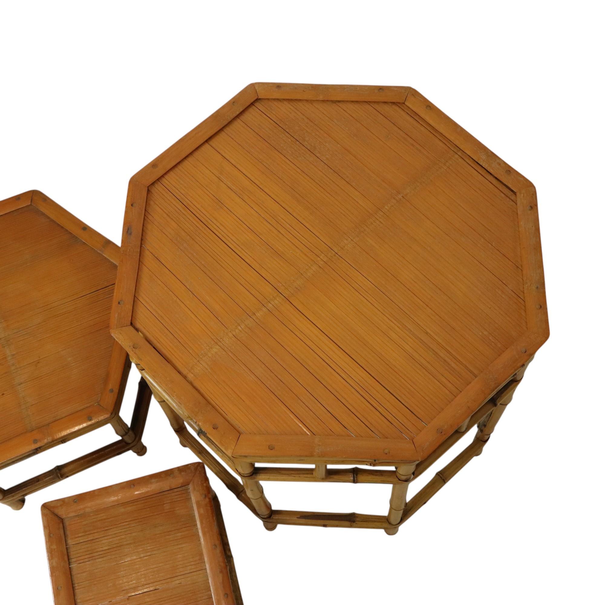 Bambou Set vintage de 3 tables d'appoint en bambou et rotin Tables à plantes Boho en vente