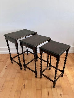 Vintage Set of 3 Barley Twist Walnut Nesting Side Tables, English 1940s
