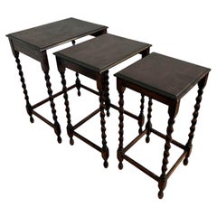 Vintage Set of 3 Barley Twist Walnut Nesting Side Tables, English 1940s