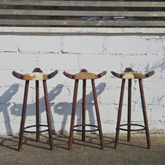 Vintage Set of 3 Brutalist Marbella Stools-Spanish Colonial Bar Stools - 60s
