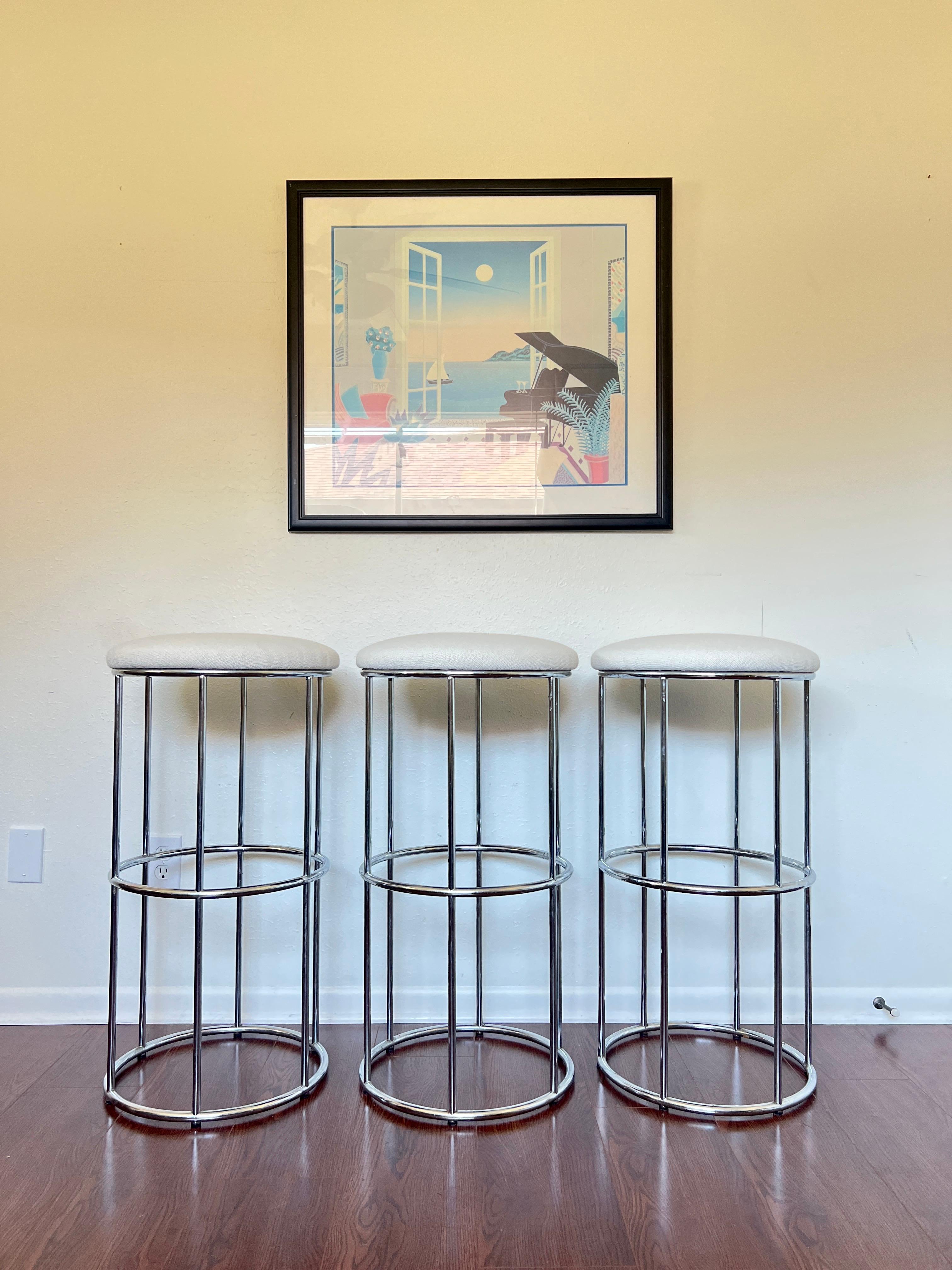 Fabric Vintage set of 3 chrome barstools newly reupholstered in an ivory boucle fabric For Sale
