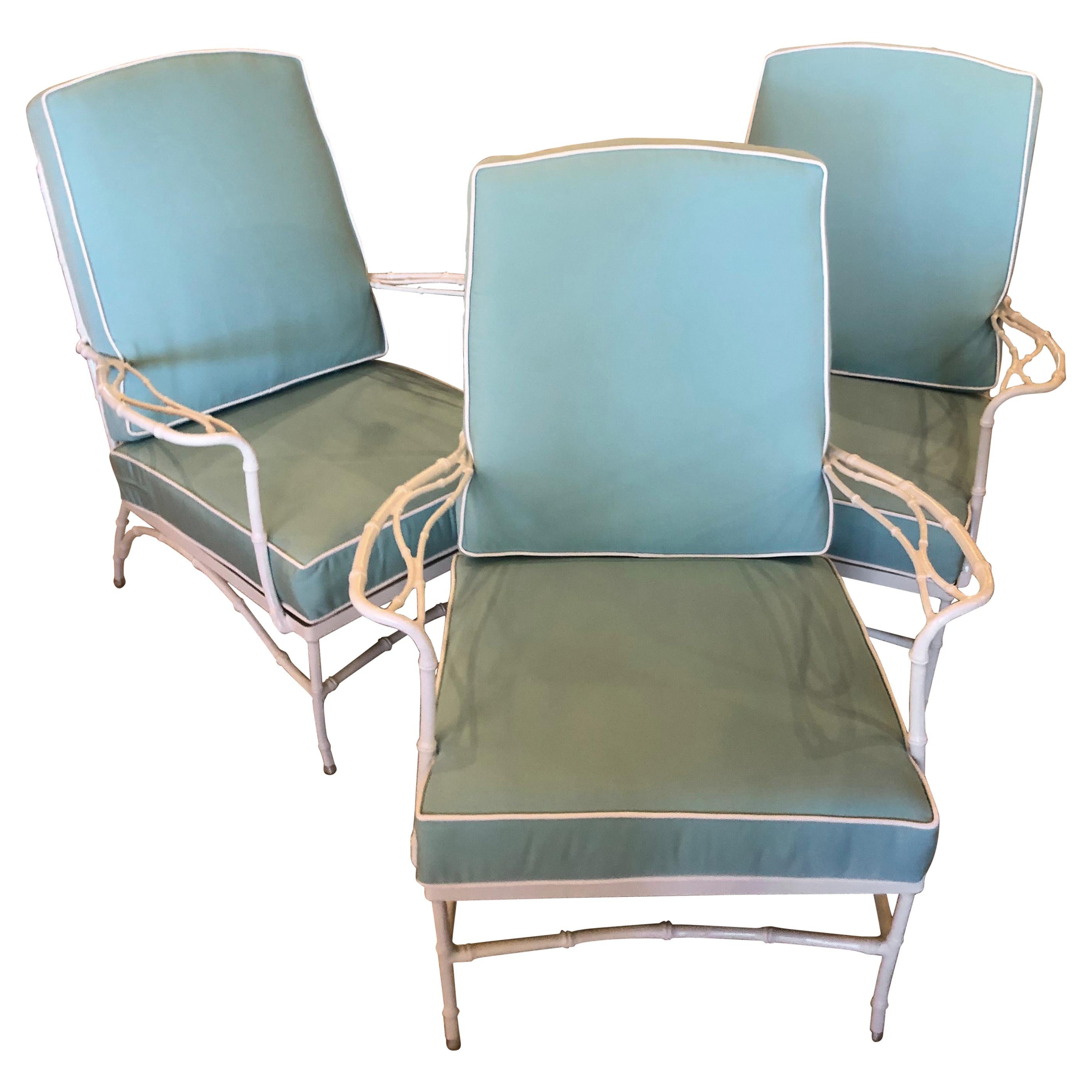 Vintage Set of 3 Faux Bamboo
Powder-Coated  Lounge Club Patio Chairs Sunbrella 