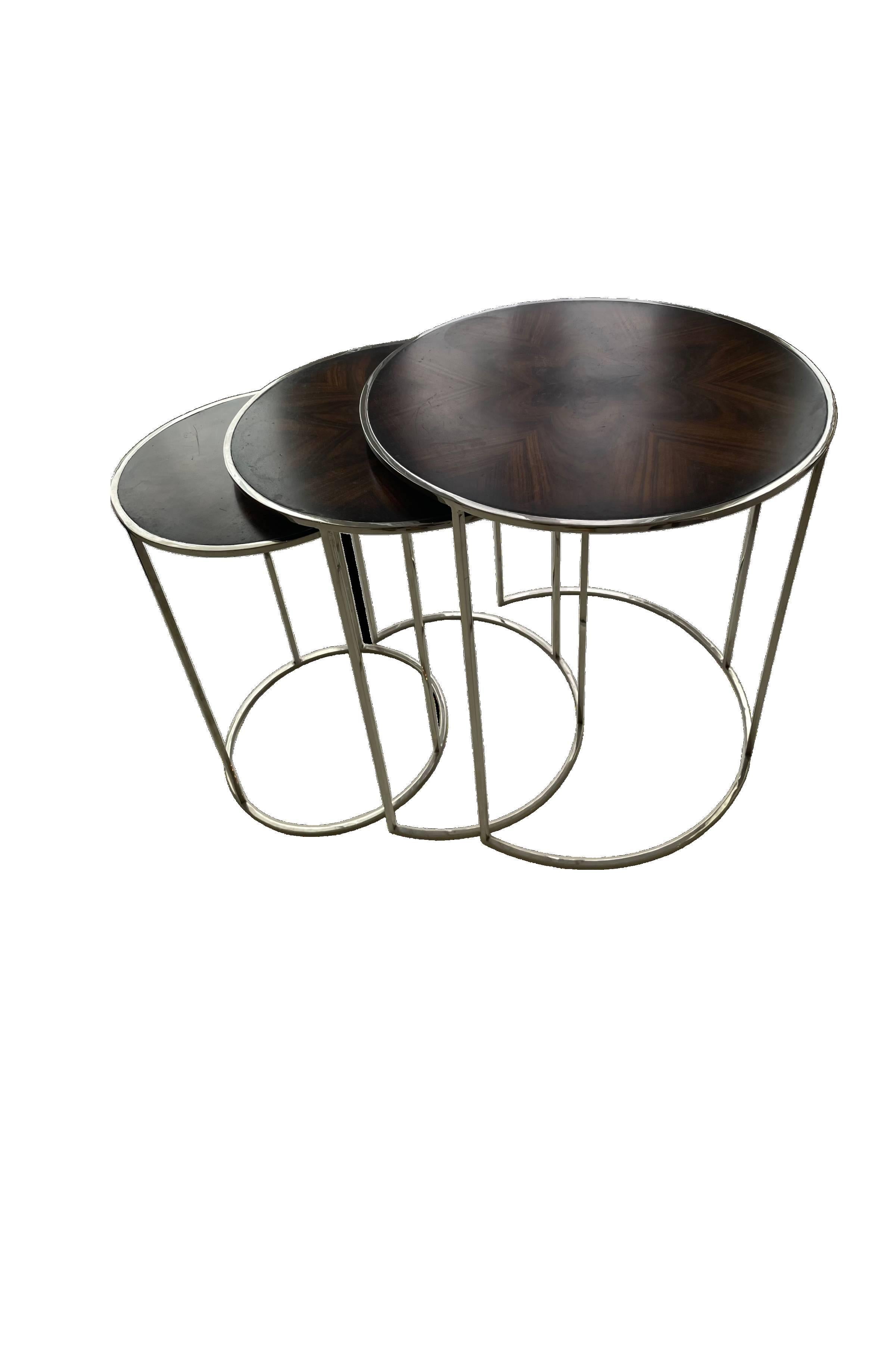 American Vintage Set of 3 Flame Mahogany/Chrome Nesting Tables For Sale