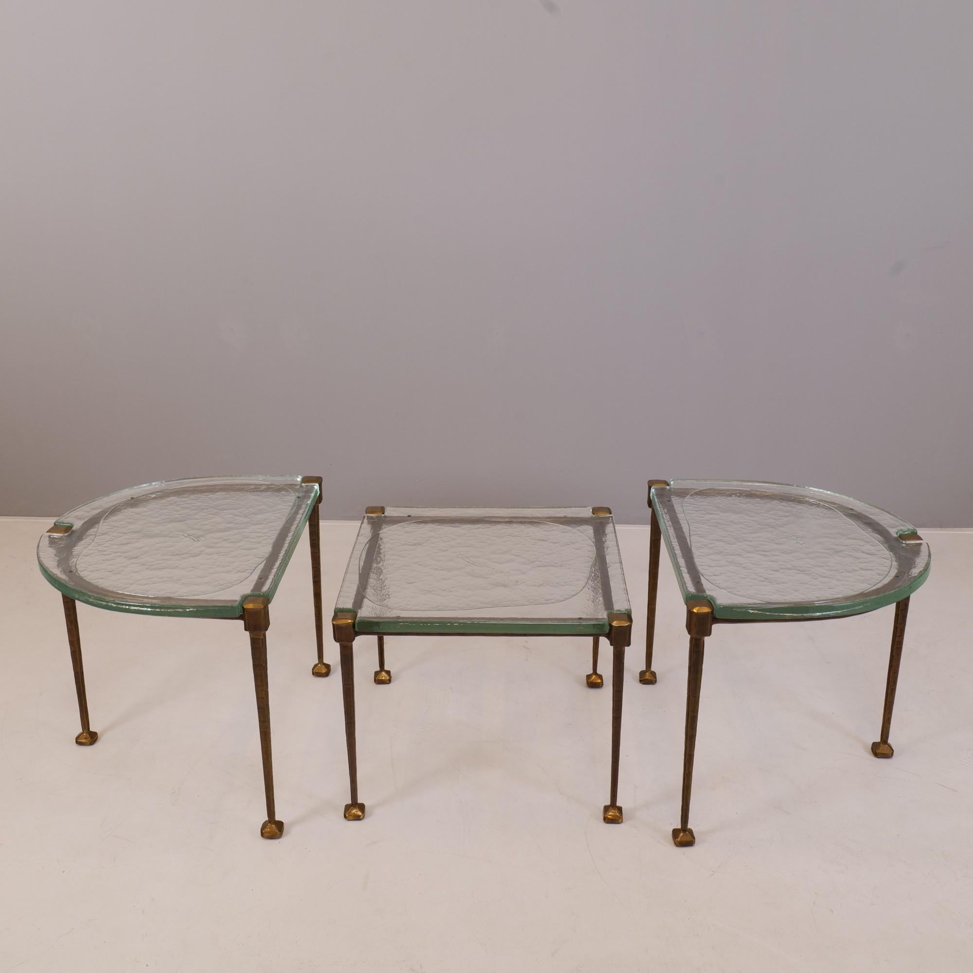 Brutalist vintage set of 3 german cast bronzed tables in style of Lothar Klute 1980's
