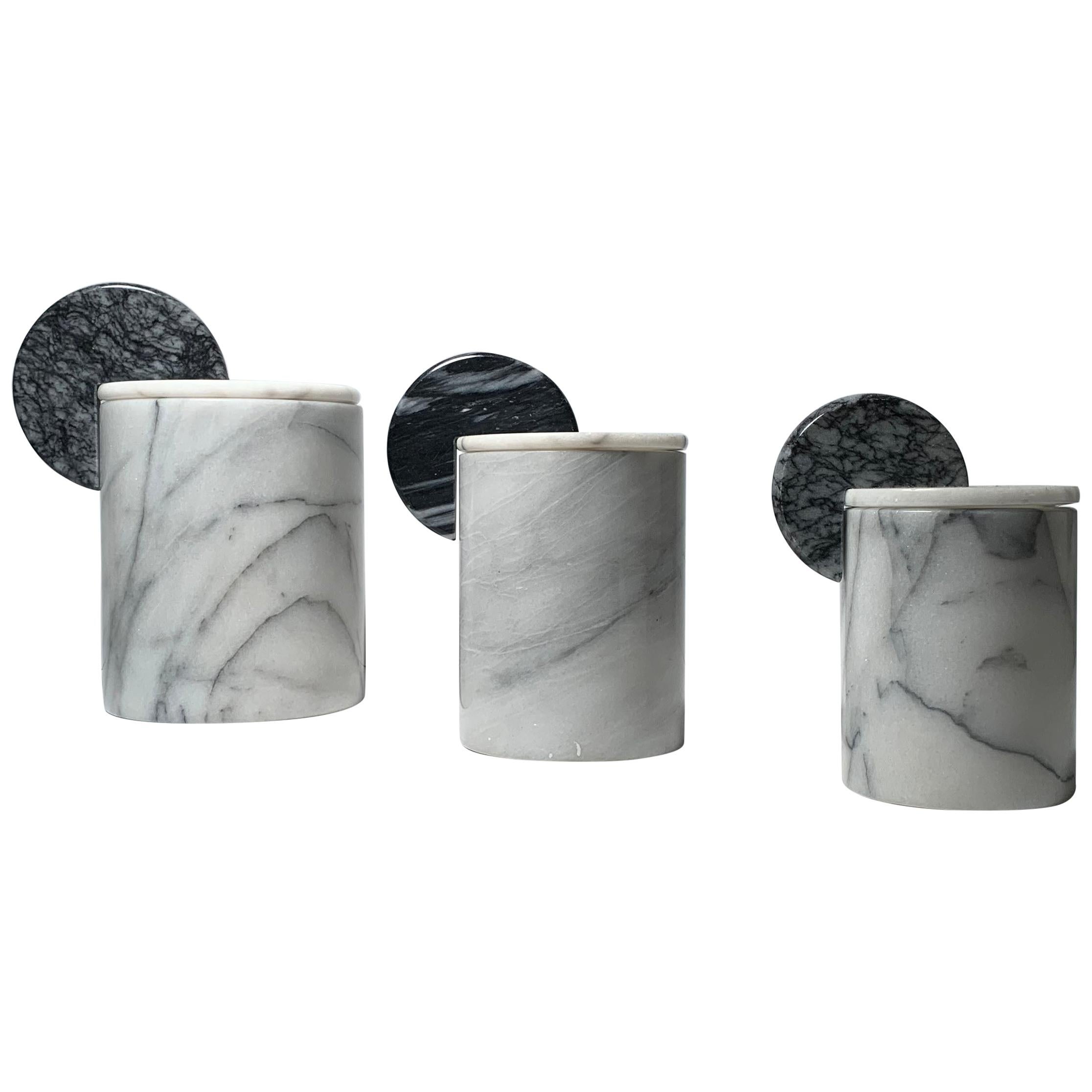 Vintage Set of 3 Italian Post Modern Memphis Marble Canisters Attrib to Raymor For Sale