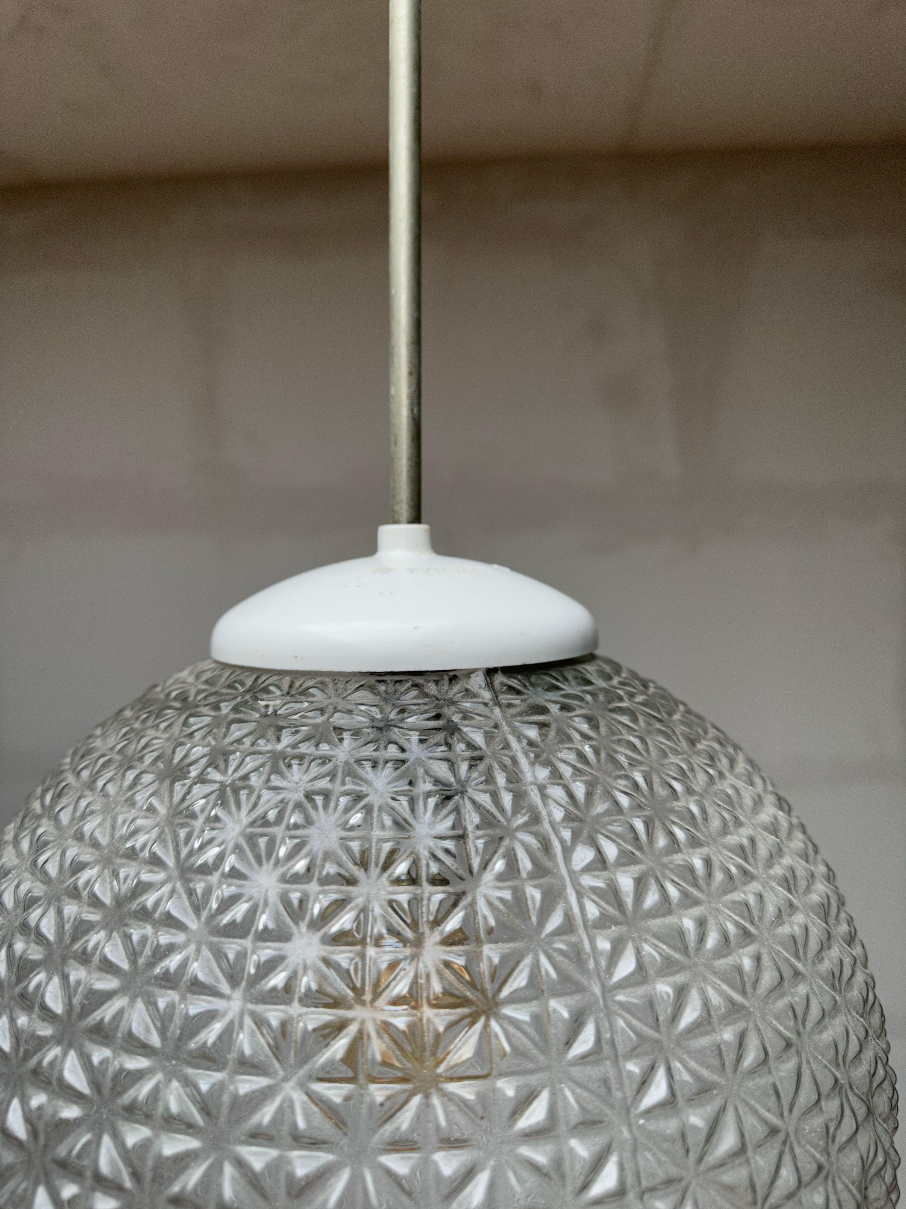 Vintage Set of 3 Mid-Century Modern Pressed Glass Pendant Lights, 11 Available For Sale 3