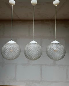 Vintage Set of 3 Mid-Century Modern Pressed Glass Pendant Lights, 11 Available