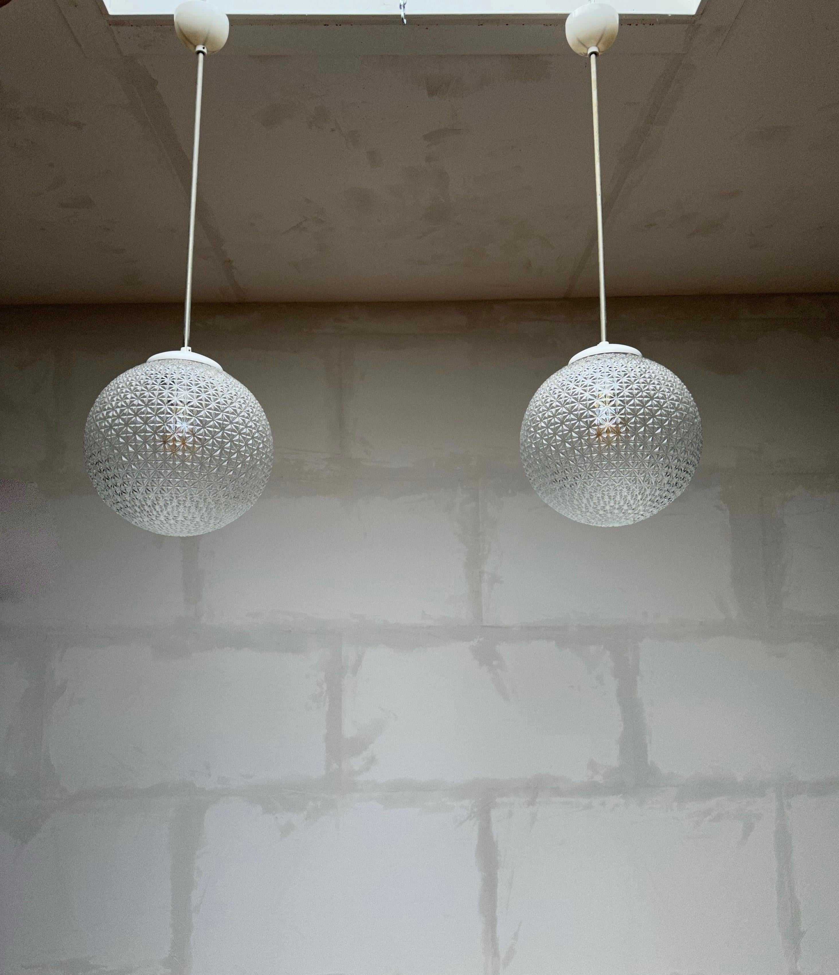 Vintage Set of 3 Mid-Century Modern Pressed Glass Pendant Lights, 11 Available For Sale 2