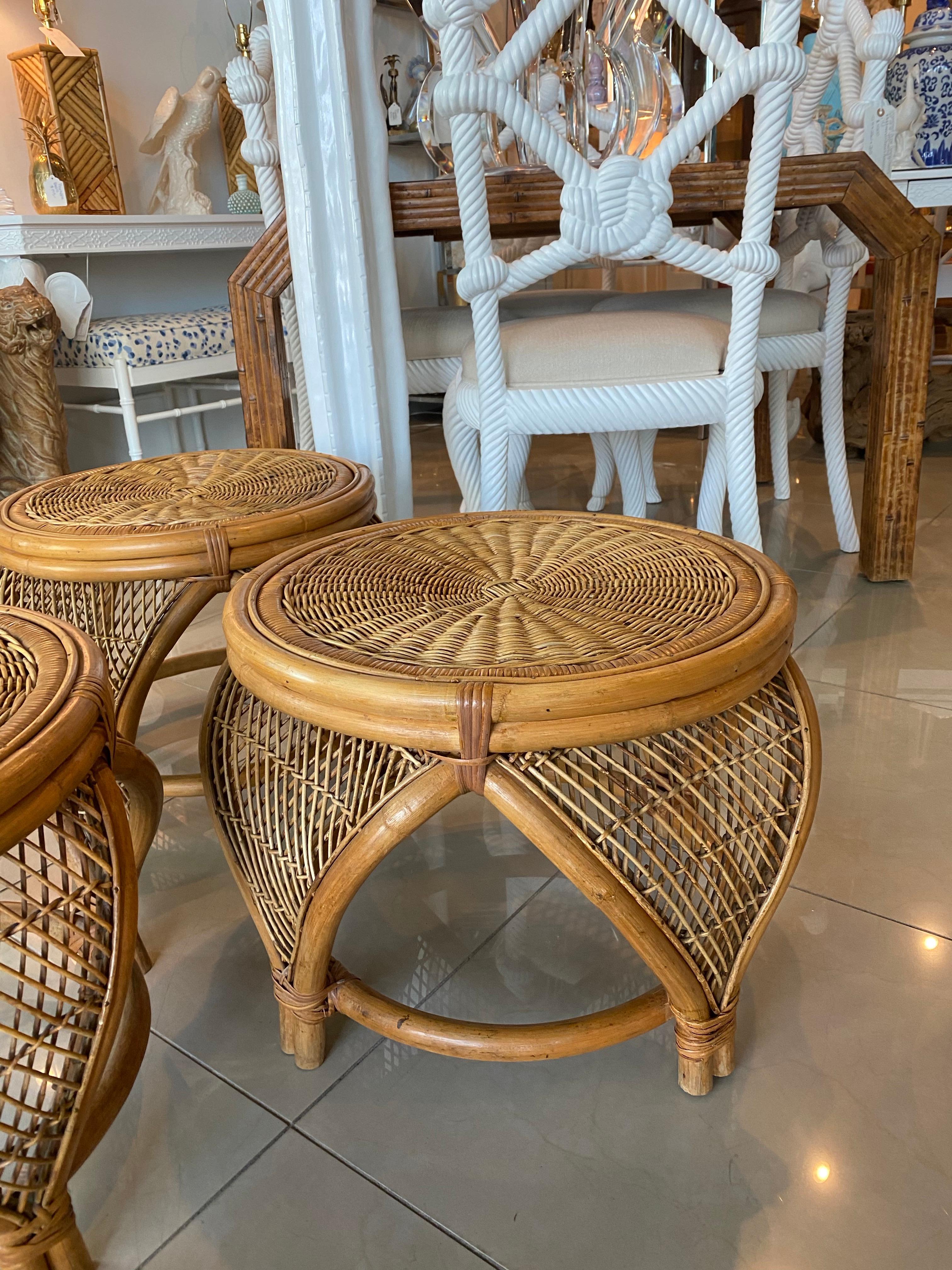 Vintage Set of 3 Rattan & Wicker Moroccan Stools Benches Ottomans Footstools 4