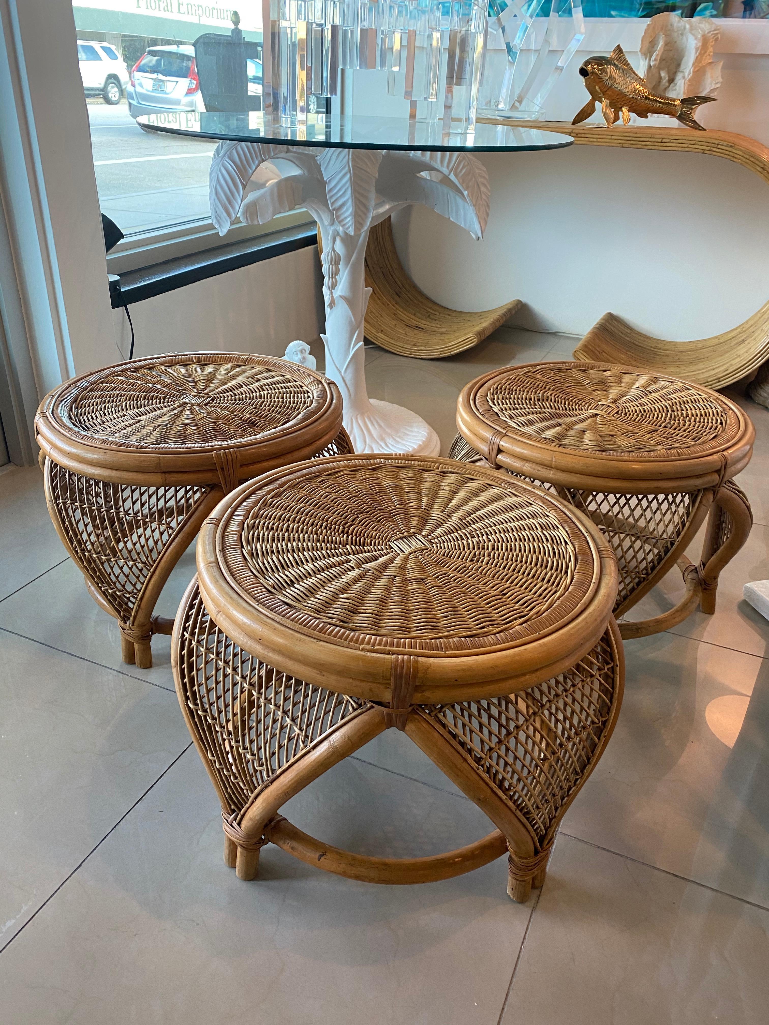 Vintage Set of 3 Rattan & Wicker Moroccan Stools Benches Ottomans Footstools 5