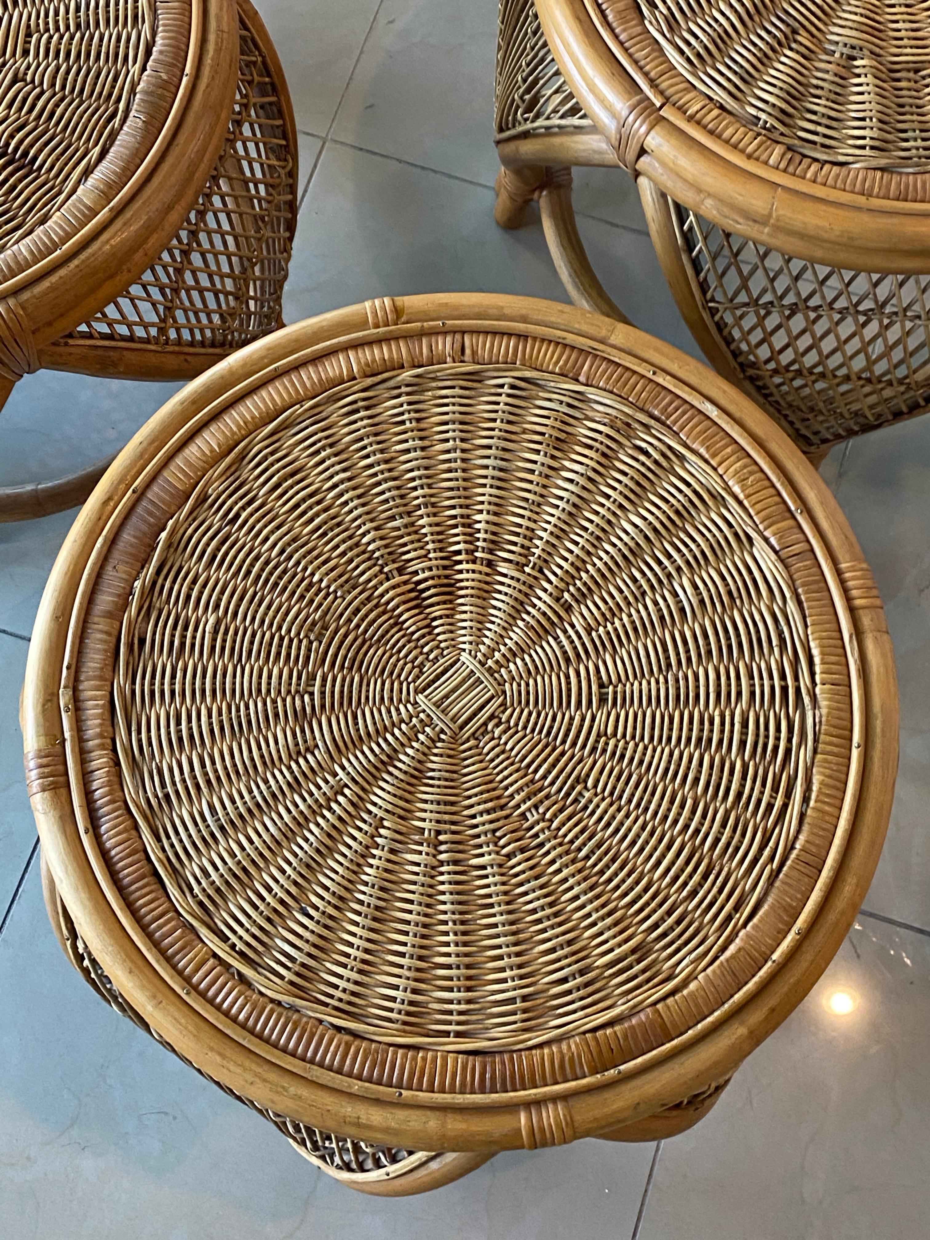 Hollywood Regency Vintage Set of 3 Rattan & Wicker Moroccan Stools Benches Ottomans Footstools