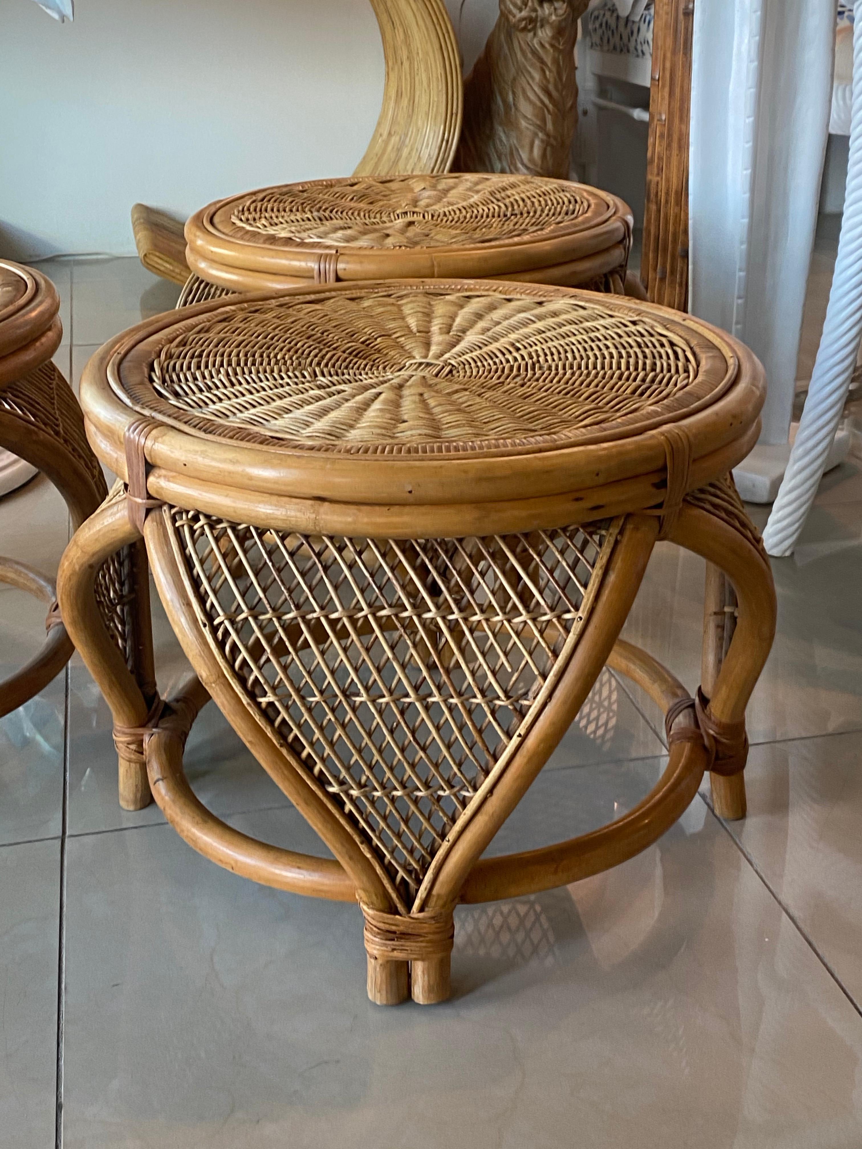 American Vintage Set of 3 Rattan & Wicker Moroccan Stools Benches Ottomans Footstools