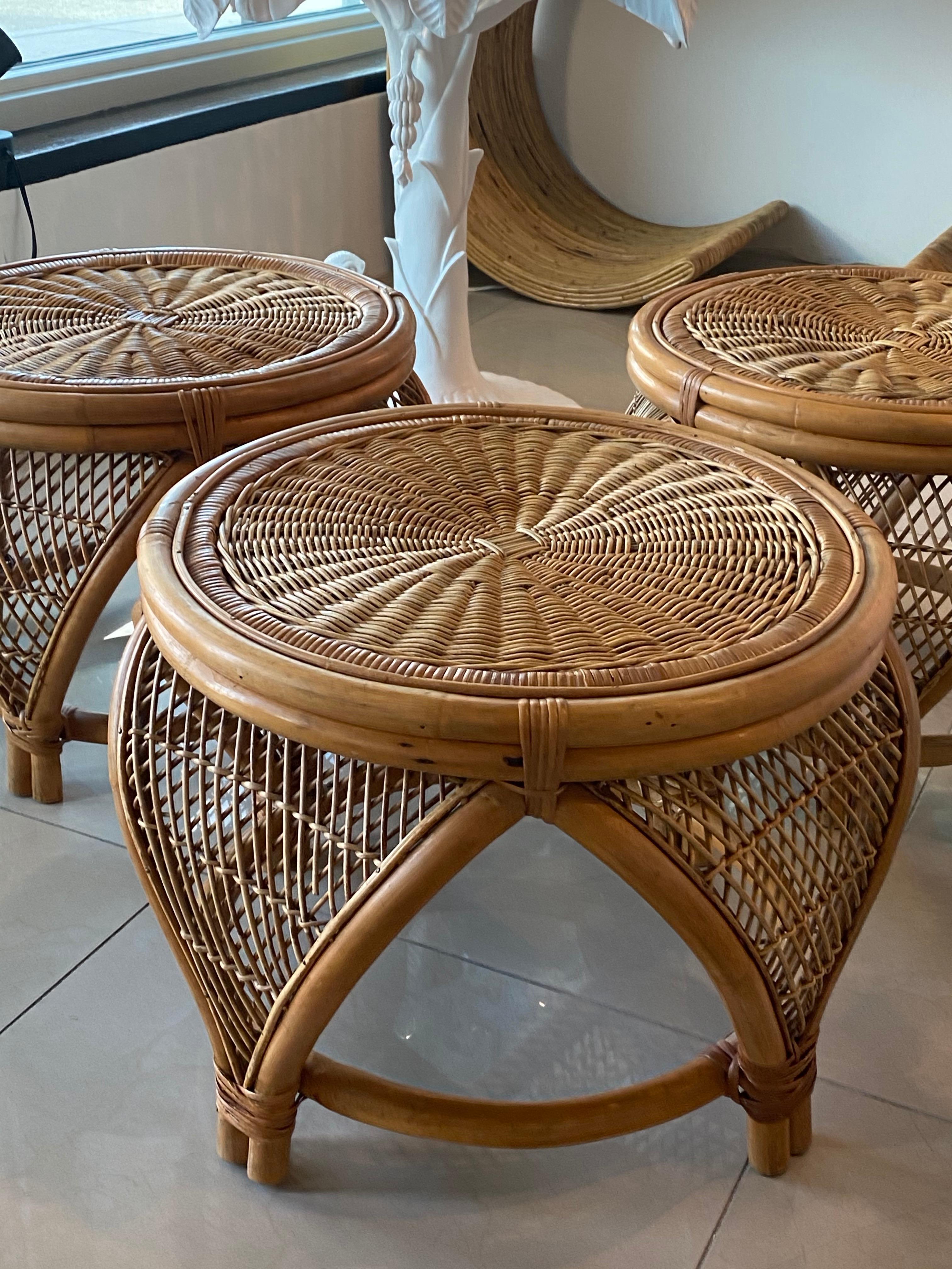 Vintage Set of 3 Rattan & Wicker Moroccan Stools Benches Ottomans Footstools In Good Condition In West Palm Beach, FL