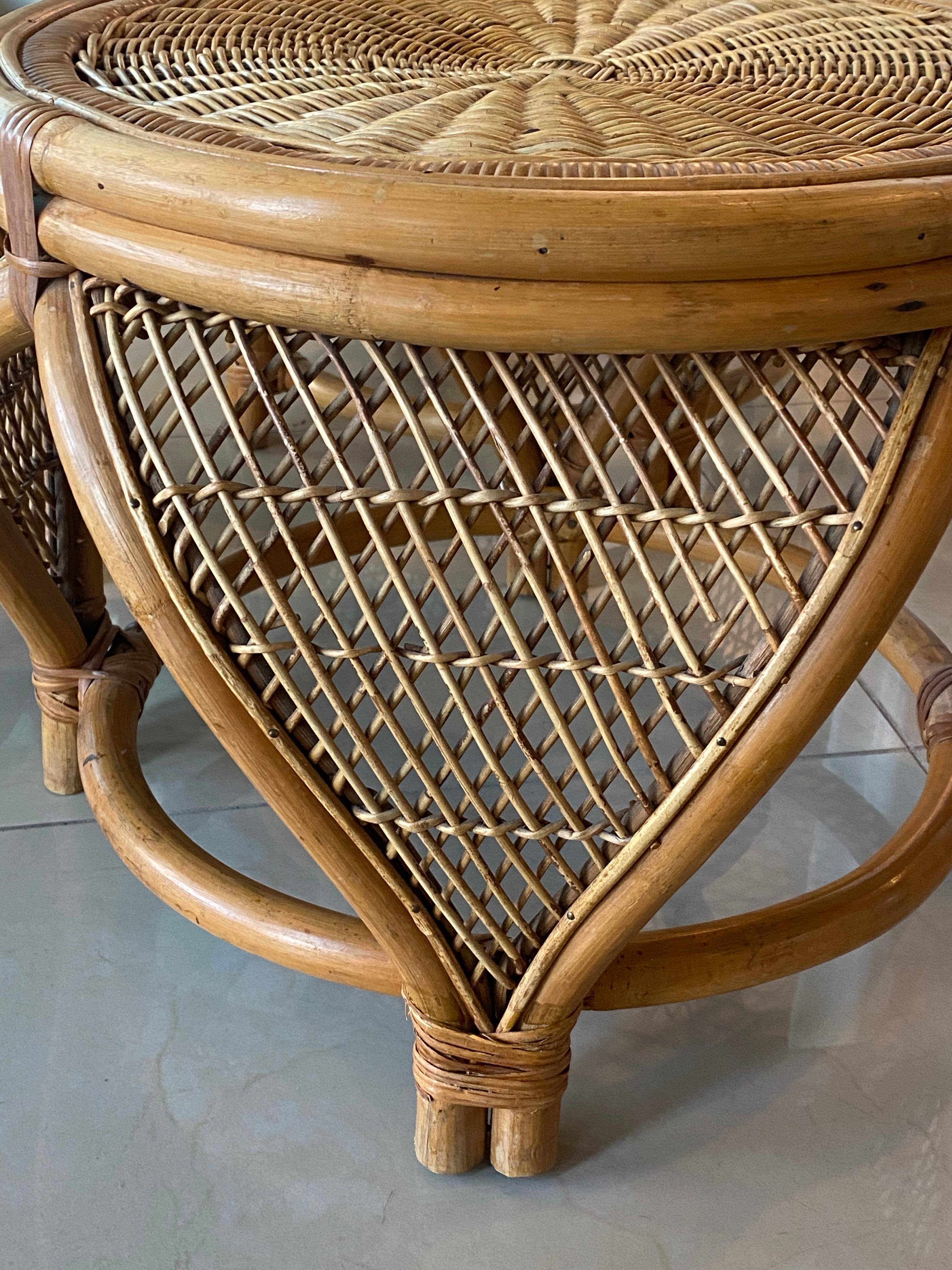 Late 20th Century Vintage Set of 3 Rattan & Wicker Moroccan Stools Benches Ottomans Footstools