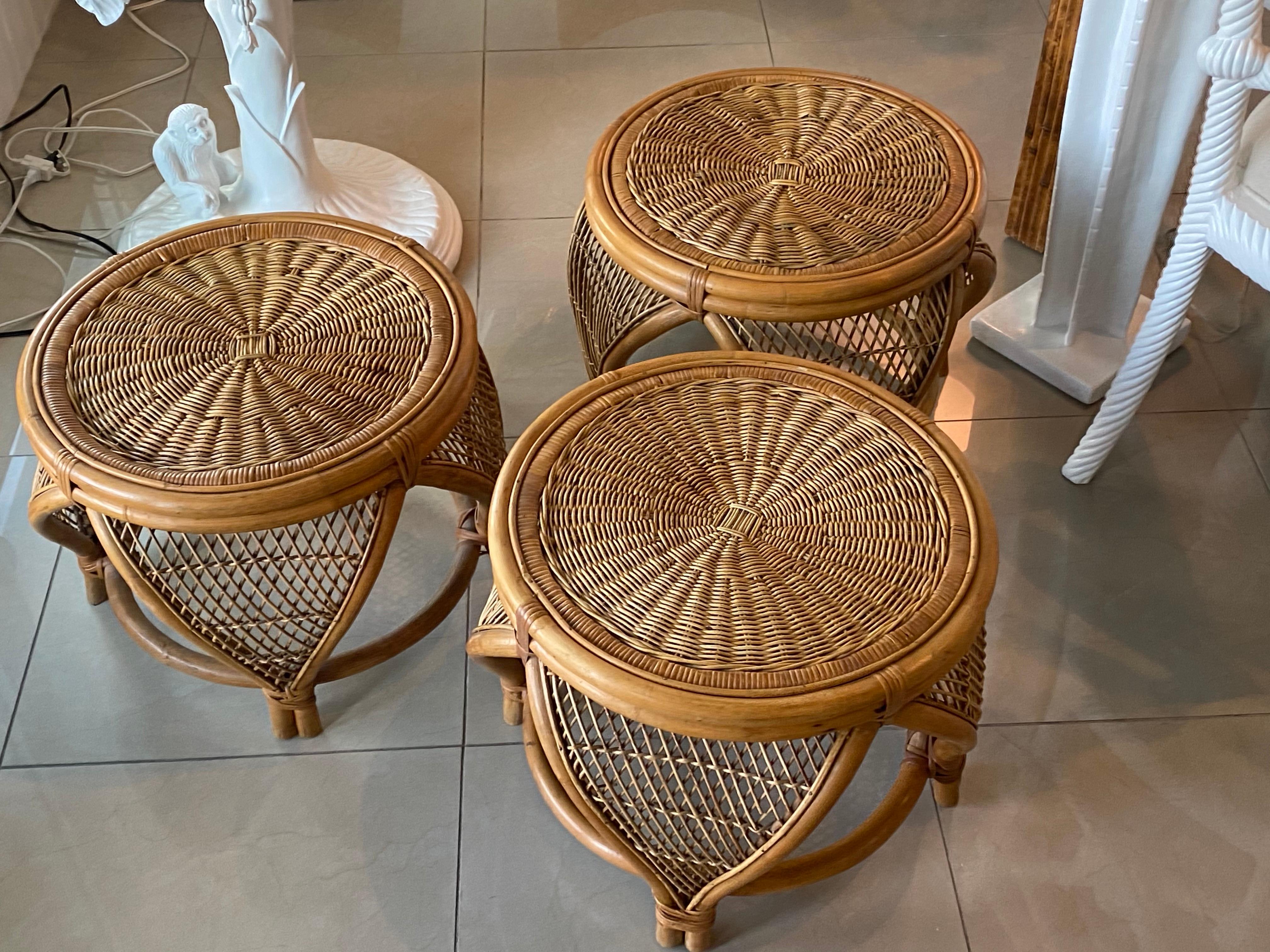 Vintage Set of 3 Rattan & Wicker Moroccan Stools Benches Ottomans Footstools 2