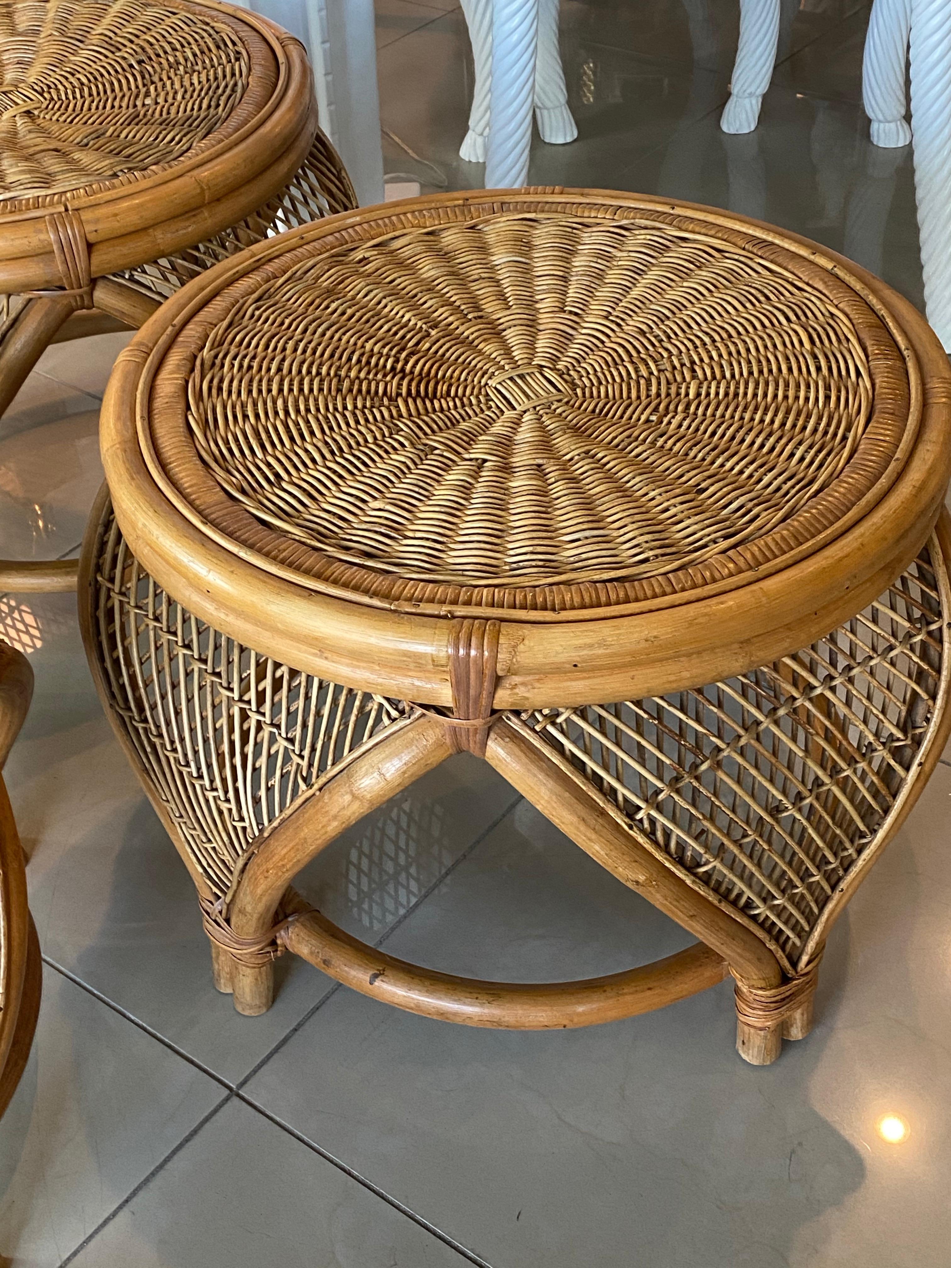 Vintage Set of 3 Rattan & Wicker Moroccan Stools Benches Ottomans Footstools 3