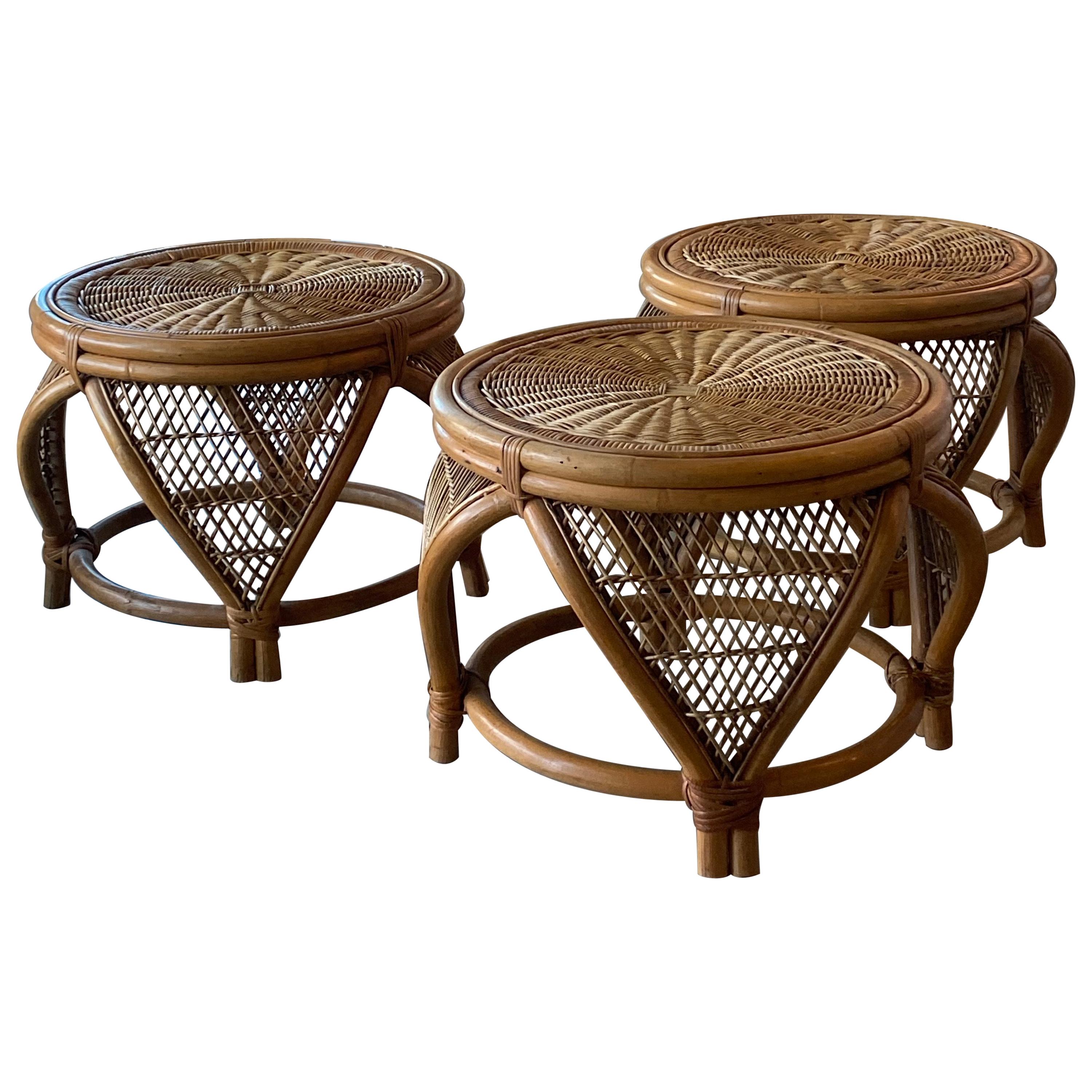Vintage Set of 3 Rattan & Wicker Moroccan Stools Benches Ottomans Footstools