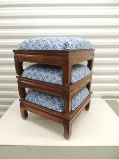 Vintage Set of (3) Square Nesting Ottoman/Stools Covered in Blue & White Fabric