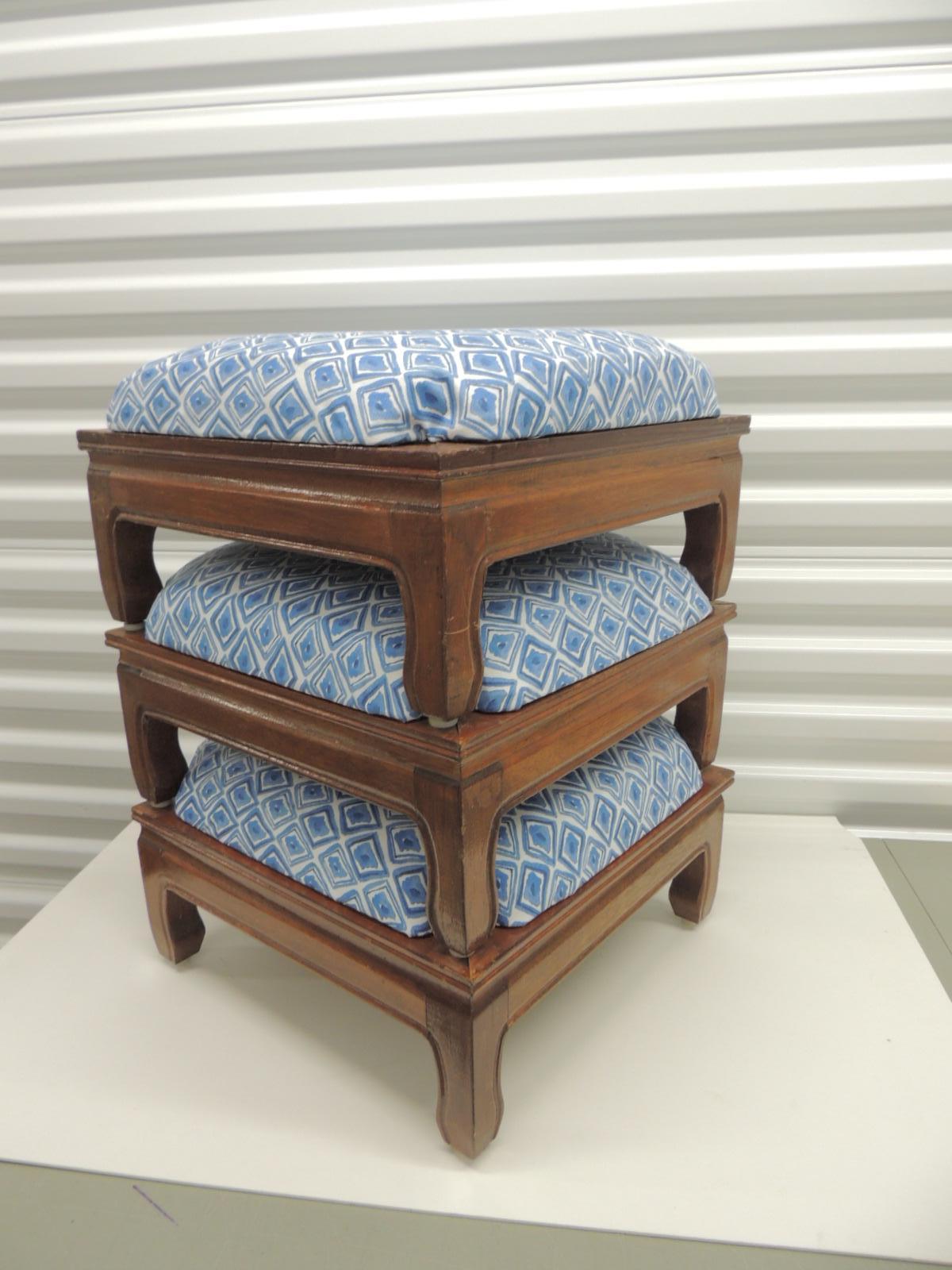 Bohemian Vintage Set of (3) Square Nesting Ottoman/Stools Covered in Blue & White Fabric