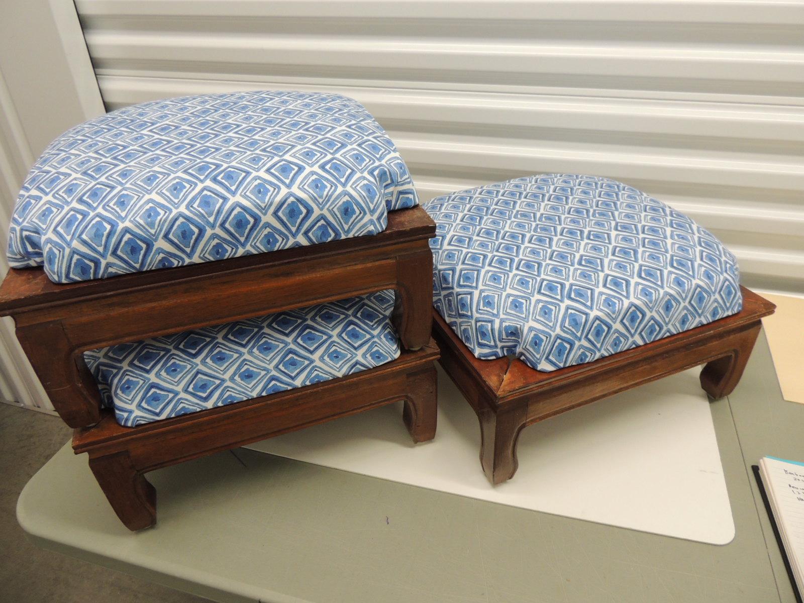 Chinese Vintage Set of (3) Square Nesting Ottoman/Stools Covered in Blue & White Fabric